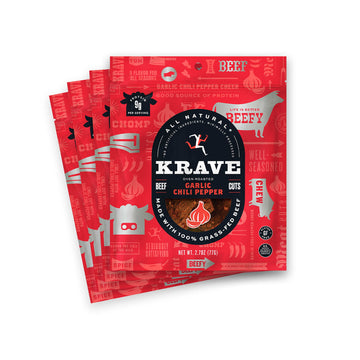 KRAVE All Natural Beef Jerky, Garlic Chili Pepper - Protein Packed Snacks Roasted for Maximum Flavor - 100% Grass Fed Beef - Glu