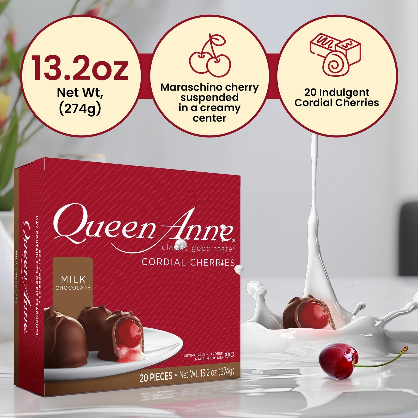 Queen Anne Milk Chocolate Covered Cordial Cherries | 13.2 Oz | 20 Piece Gift Box | Whole Maraschino Cherry Creamy Filled Liquid