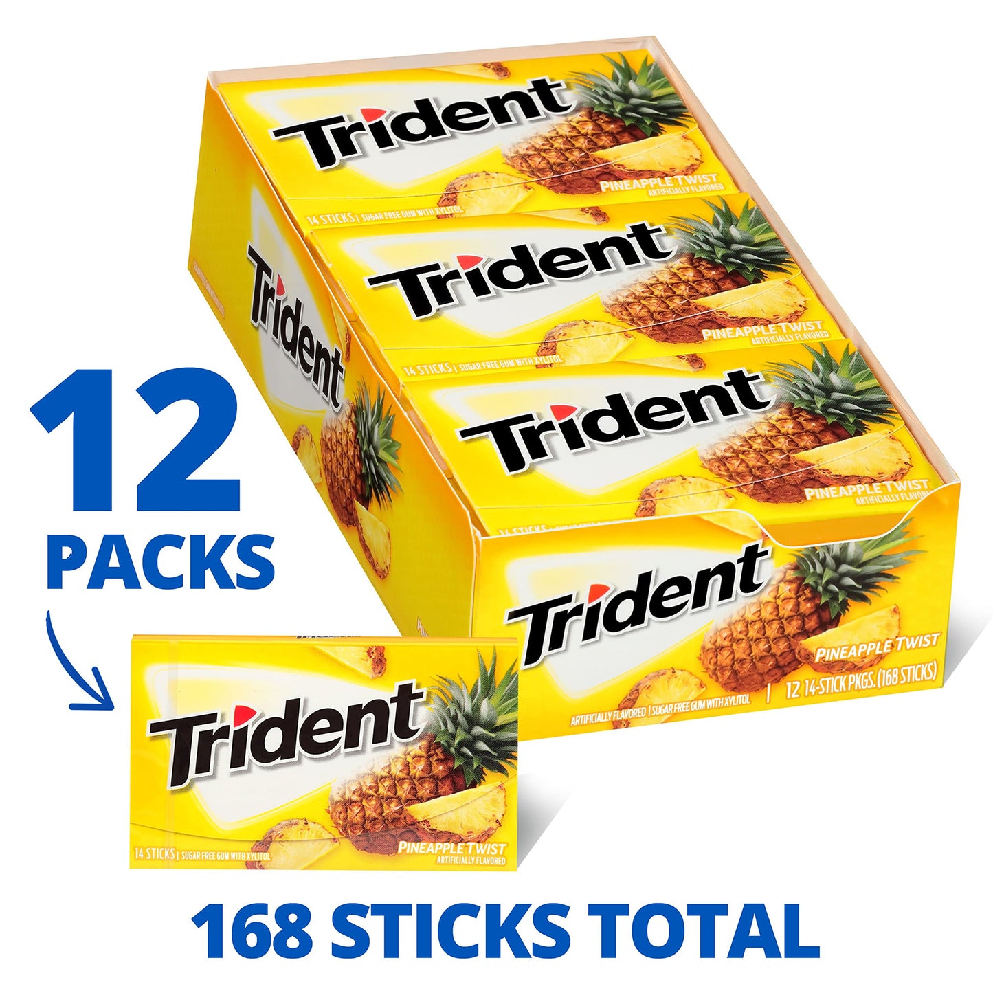 Trident Sugar-Free Chewing Gum, Pineapple Twist, 12 Packs of 14 Pieces, Yellow/Orange