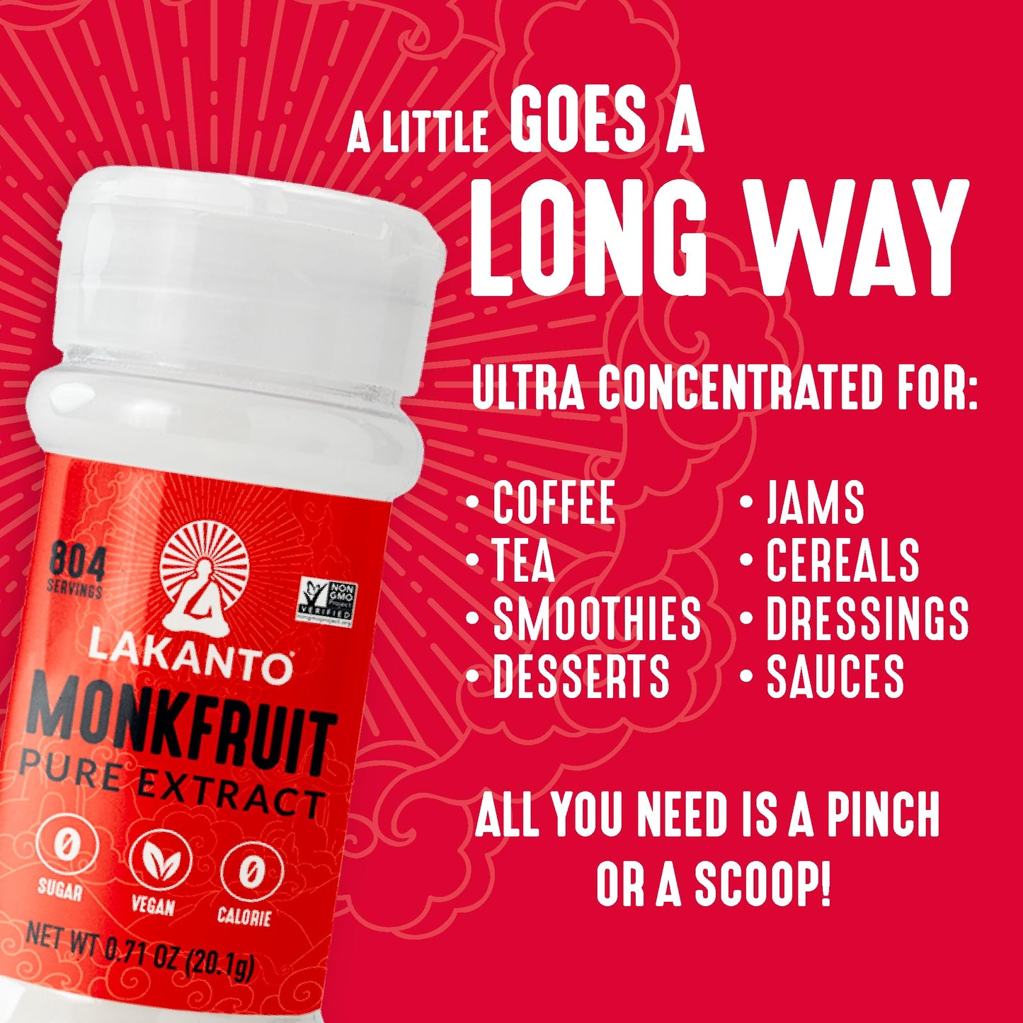 Lakanto Pure Monk Fruit Sweetener Extract Powder - Erythritol Free, 0.71 oz - Great for Coffee, Tea, Smoothies, Desserts