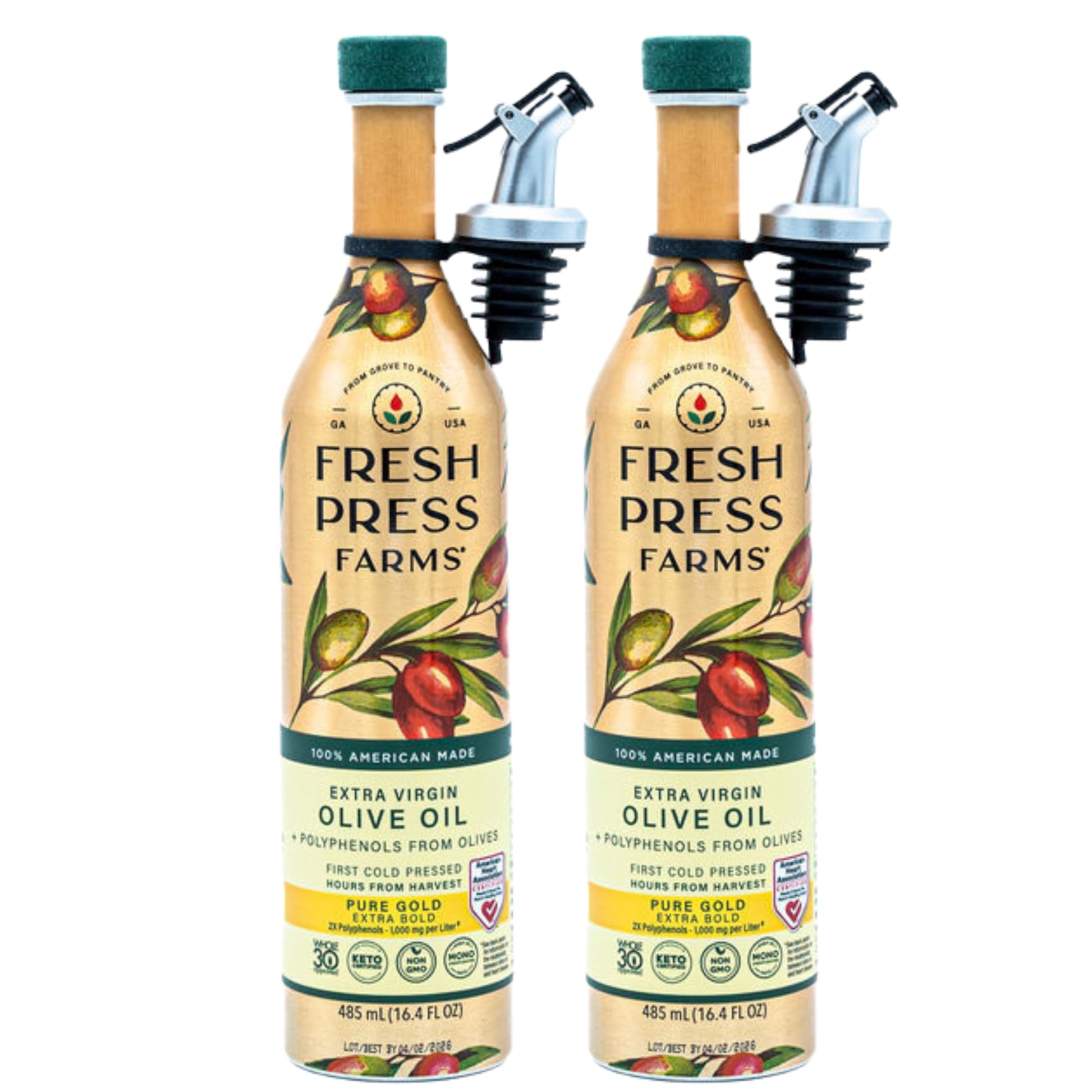 Fresh Press Farms Cold Pressed High Polyphenol Pure Gold Extra Virgin Olive Oil, 16.4 Fl Oz (Pack Of 2), Georgia Grown, 100% Ame