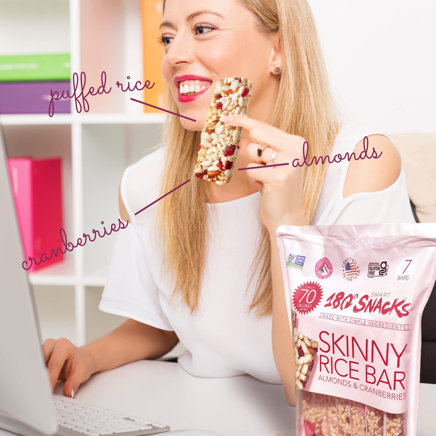 180 Snacks Skinny Rice Bar with Himalayan Salt, Cranberry & Almond, 3.22oz, 7 Count