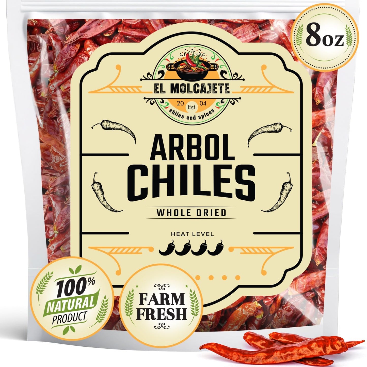 Chile de Arbol 8oz - Dried Whole Red Chili Peppers - Premium All-Natural, Stemless. For Mexican, Chinese, and Thai Cuisine with 