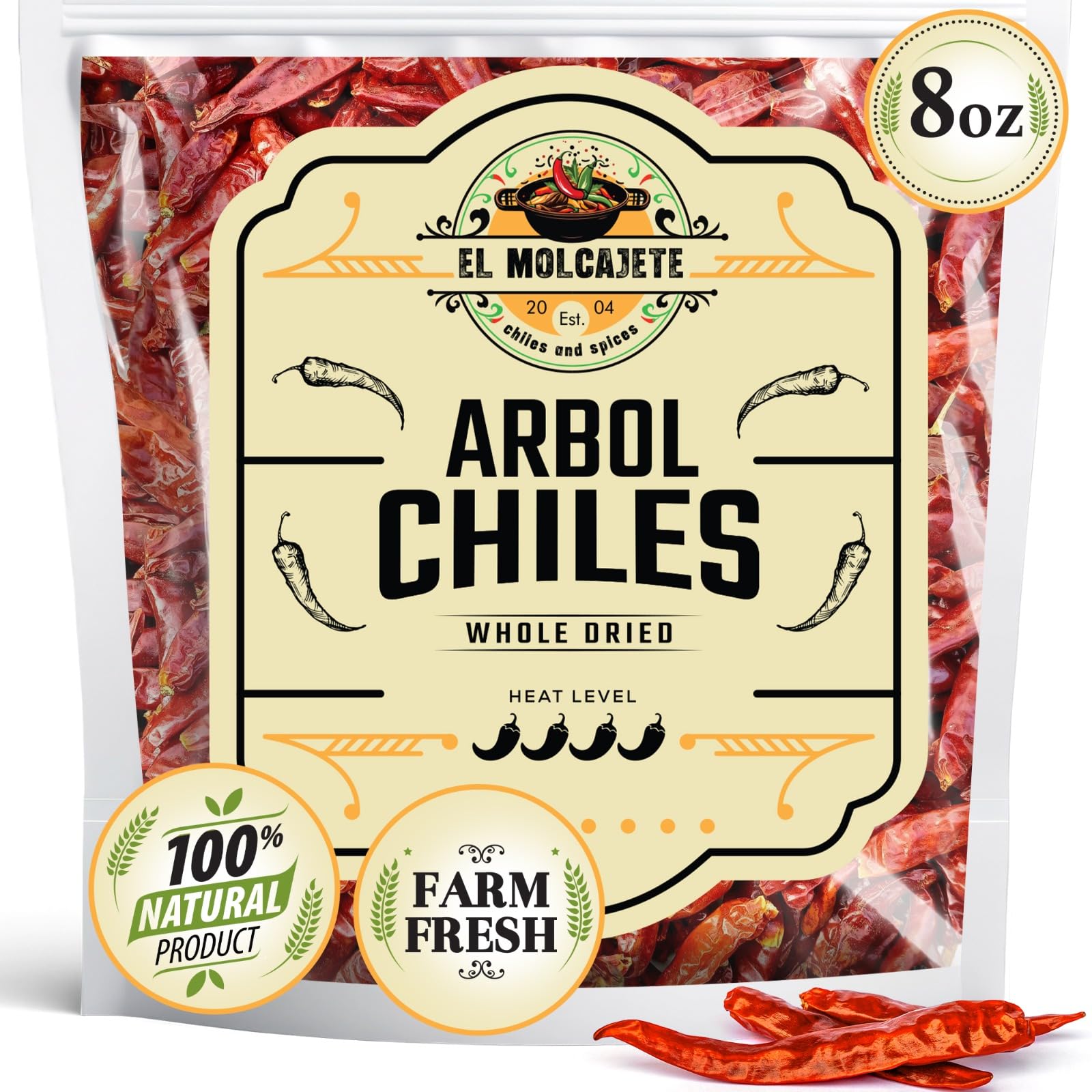 Chile de Arbol 8oz - Dried Whole Red Chili Peppers - Premium All-Natural, Stemless. For Mexican, Chinese, and Thai Cuisine with 