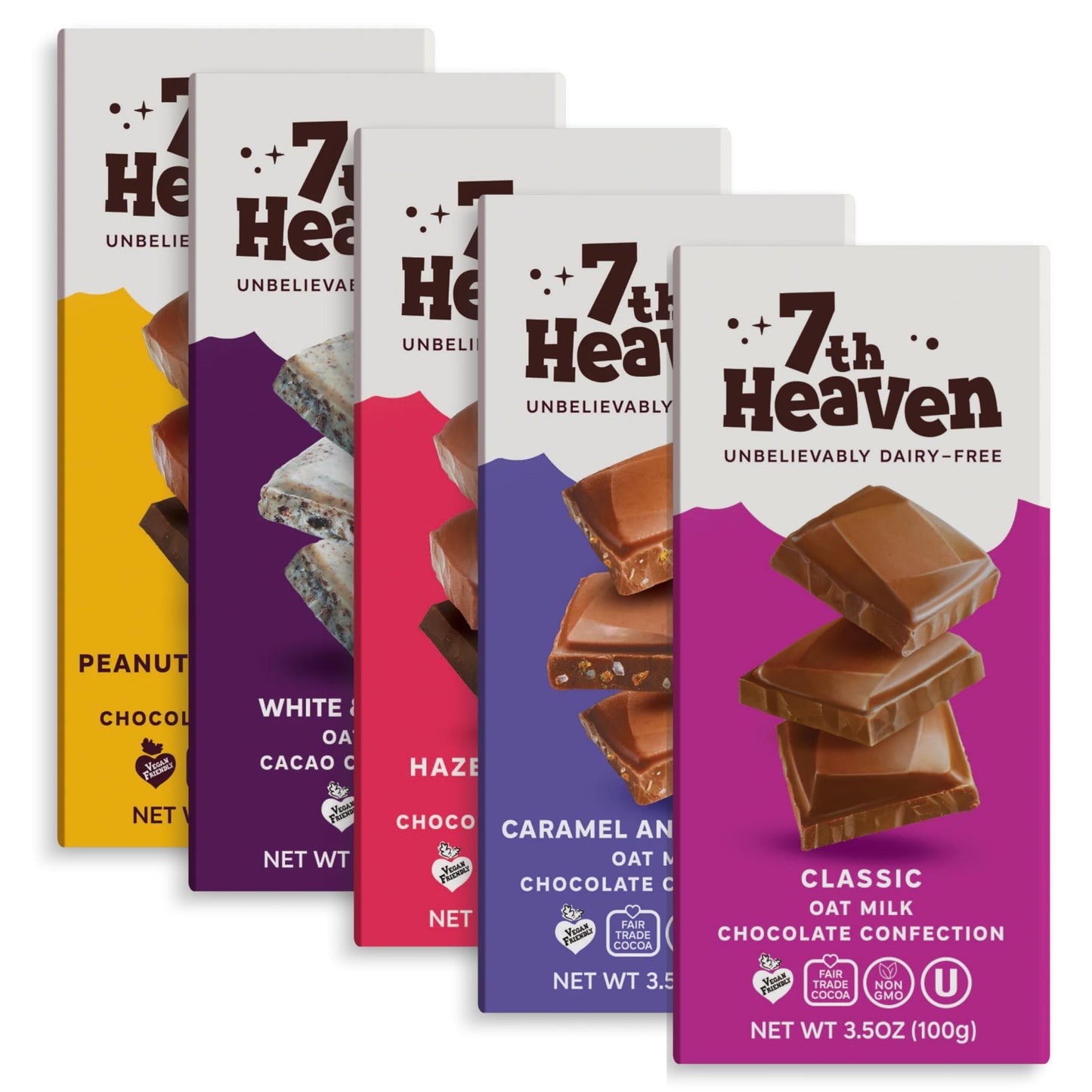 7TH HEAVEN Vegan Oat Milk Chocolate Bar Variety Pack - Classic, Sea Salt Caramel, Cookies & Cream, Hazelnut Crunch, Peanut Butter - 5 Pack