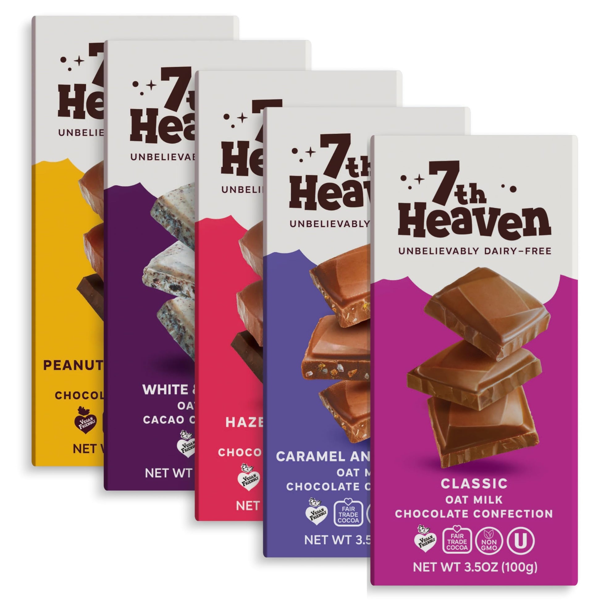 7TH HEAVEN Vegan Oat Milk Chocolate Bar Variety Pack - Classic, Sea Salt Caramel, Cookies & Cream, Hazelnut Crunch, Peanut Butter - 5 Pack