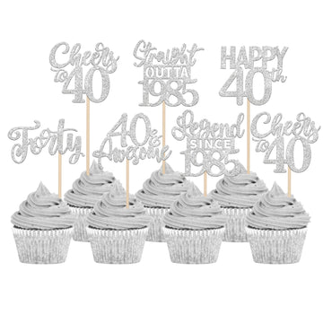 24PCS Happy 40th Birthday Cupcake Toppers Forty Straight Outta 1985 Cupcake Picks Cheers to 40 Lengend Since 1985 Cake Decoratio