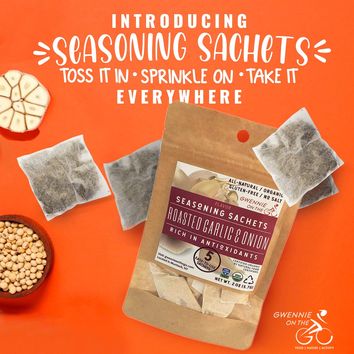 Gwennie On The Go - Seasoning Sachets | Roasted Garlic & Onion | Certified Organic | Fresh, Gluten- Free | Resealable Pouch | Se