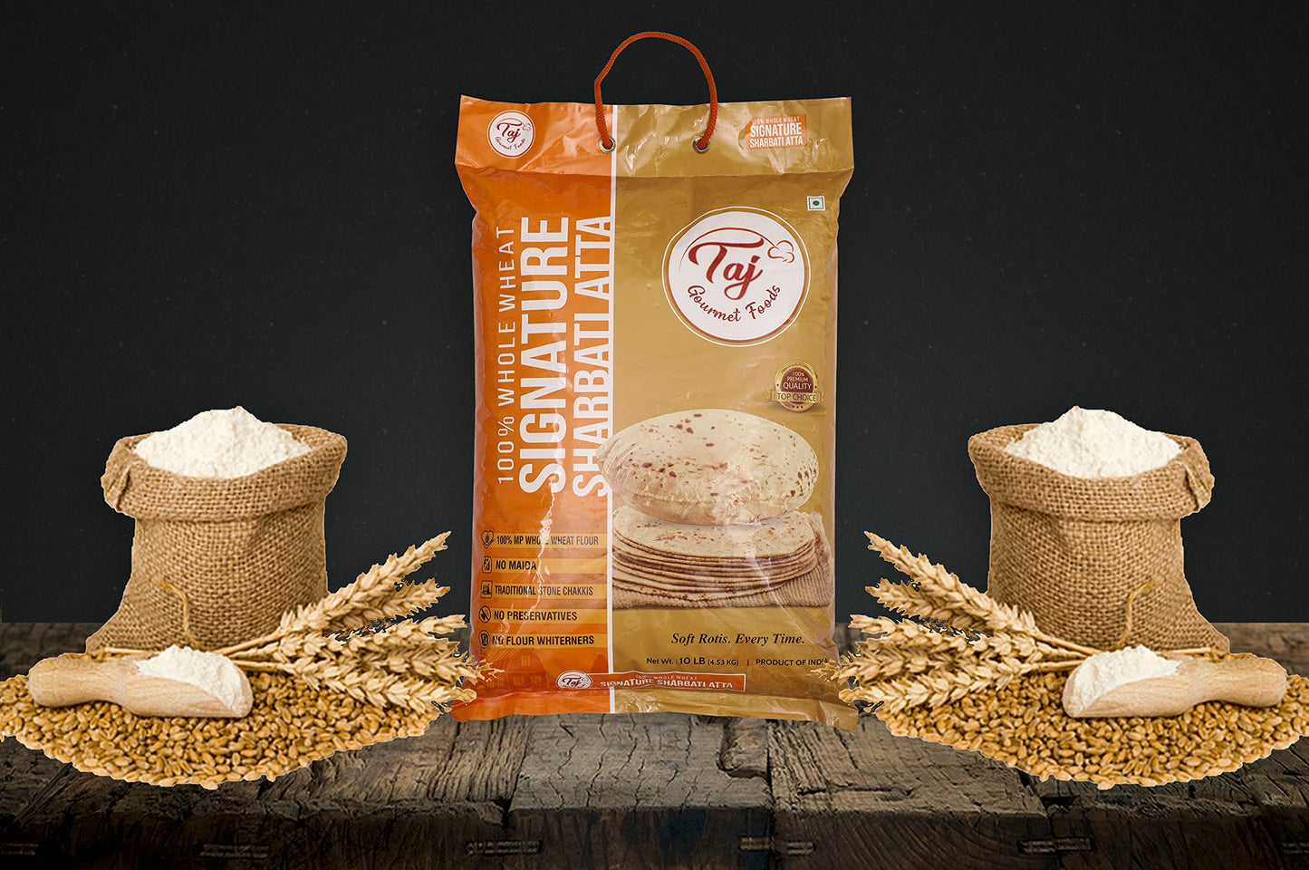 Taj Signature Sharbati Atta, 10Lbs, (Chakki Atta - Stone Ground) 100% Whole Wheat Flour, Chappati Flour