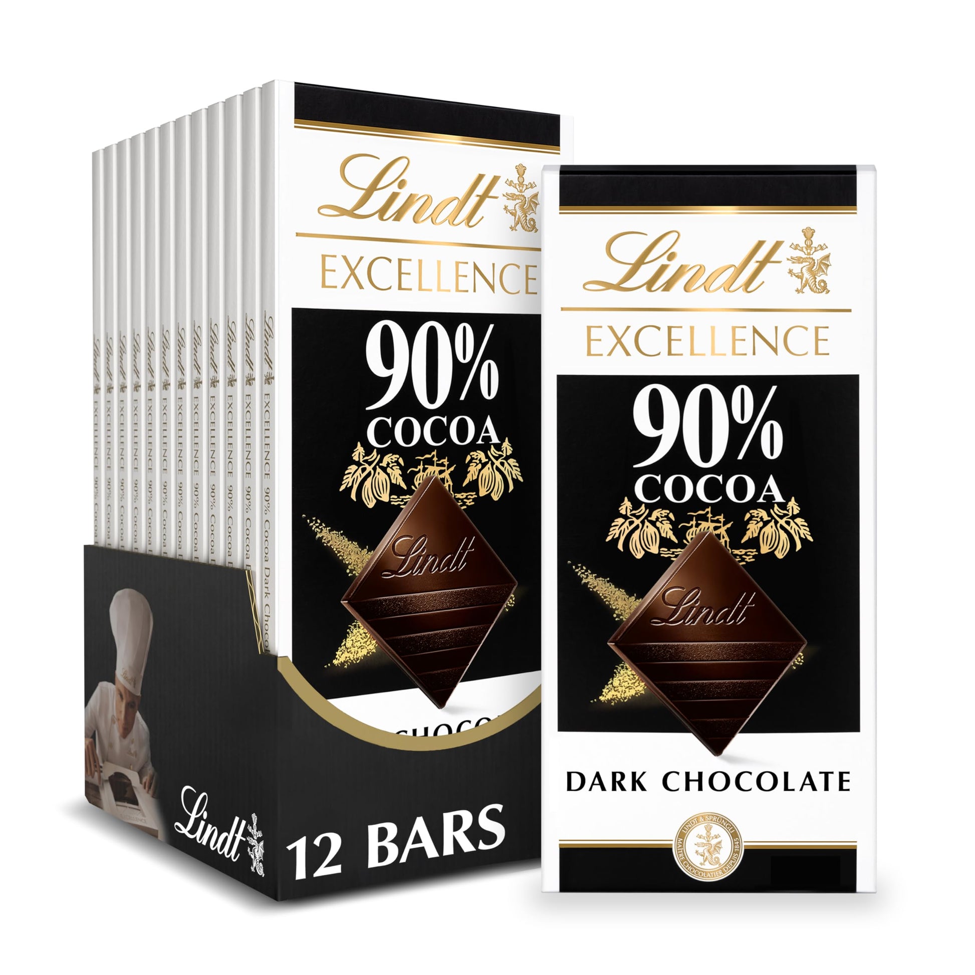 Lindt EXCELLENCE Dark Chocolate Bar, 90% Cocoa, 3.5 oz (12 Pack)