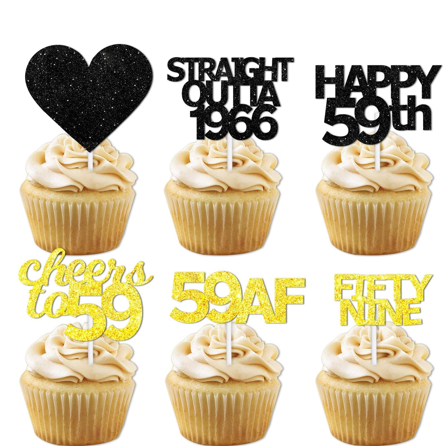 18pcs Black Gold Glitter Dessert Cupcake Pick for Straight Outta 1966 Cheer to 59 Years Old Theme Decor Supplies Happy 59th Birt