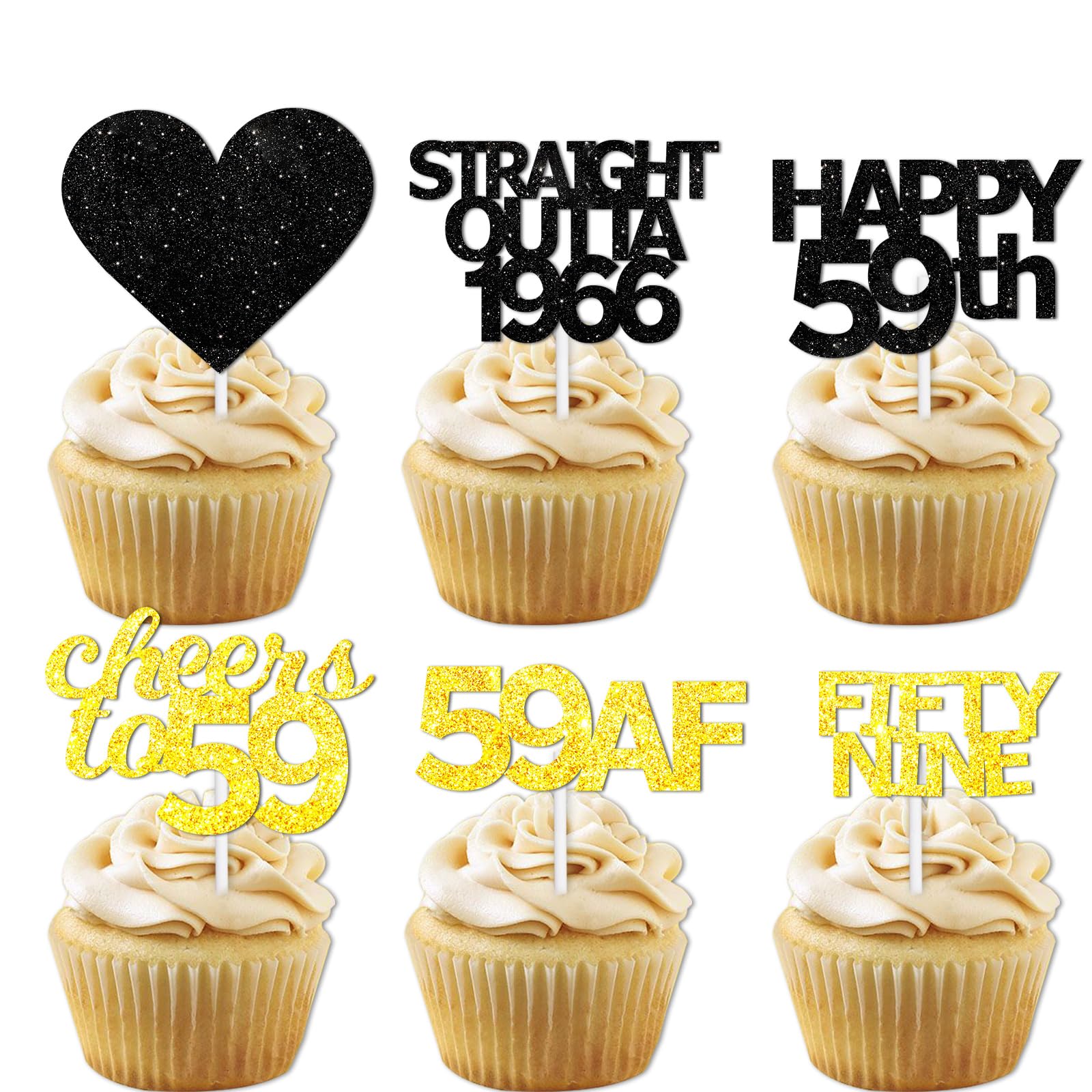 18pcs Black Gold Glitter Dessert Cupcake Pick for Straight Outta 1966 Cheer to 59 Years Old Theme Decor Supplies Happy 59th Birt