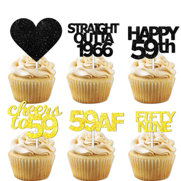 18pcs Black Gold Glitter Dessert Cupcake Pick for Straight Outta 1966 Cheer to 59 Years Old Theme Decor Supplies Happy 59th Birt