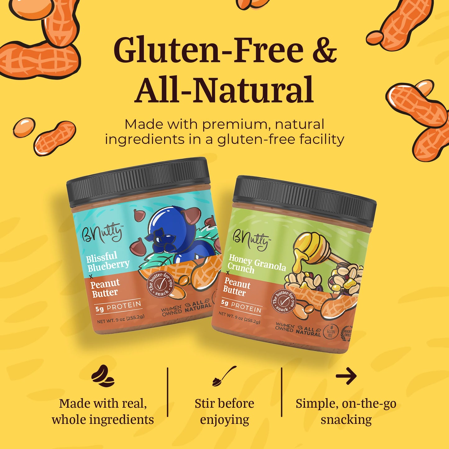 BNutty Peanut Butter - Assorted Flavors, Gluten Free, 9oz Jars, 4 Pack