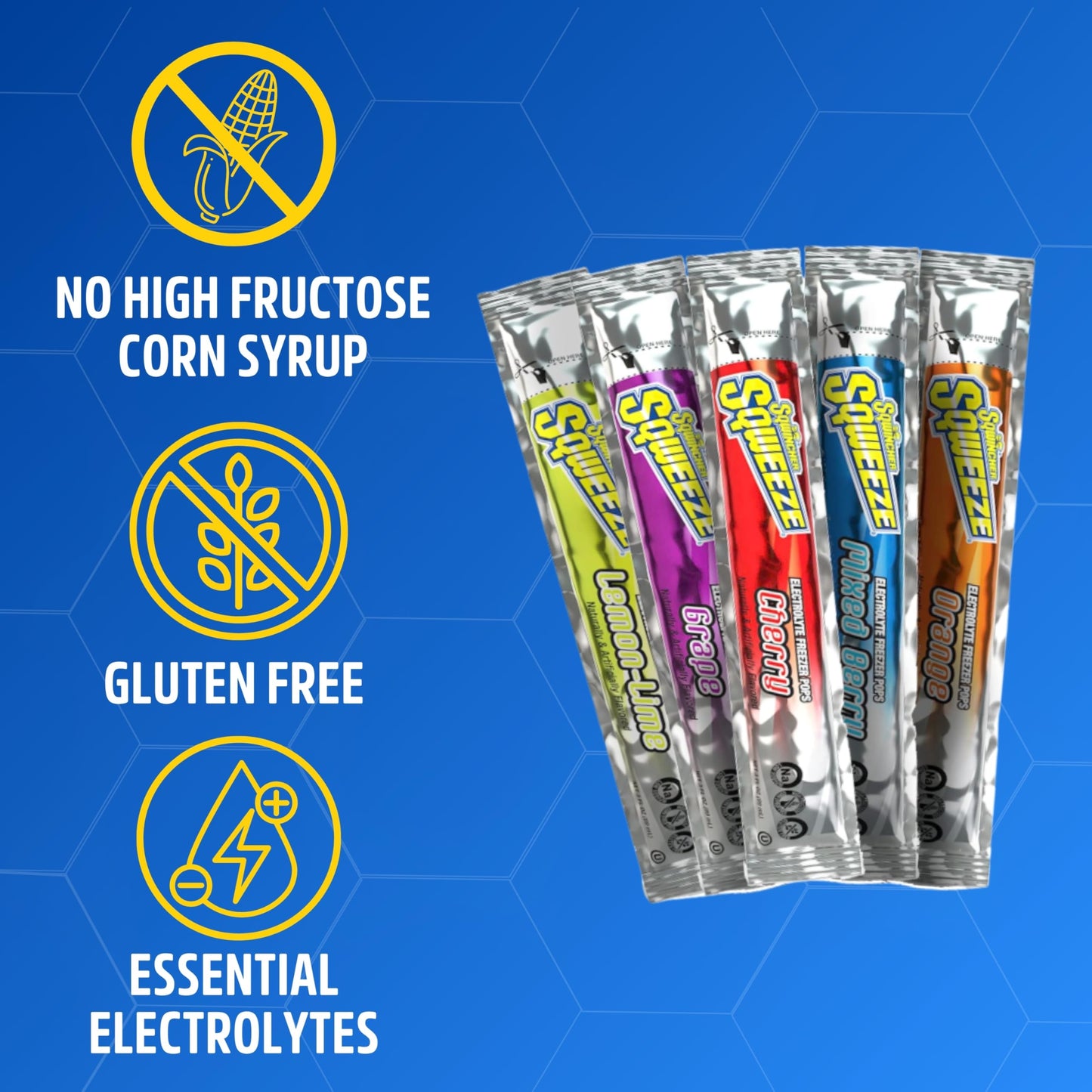 Sqwincher Sqweeze Low Sodium Electrolyte Freezer Pops, 5 Flavor Variety Pack - Lemon Lime, Grape, Cherry, Mixed Berry, Orange, (