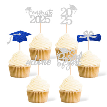 36 Pcs Class of 2025 Graduation Cupcake Toppers, Silver & Blue Glitter Double-Sided Grad Cap Cake Picks for Party Supplies, 2025