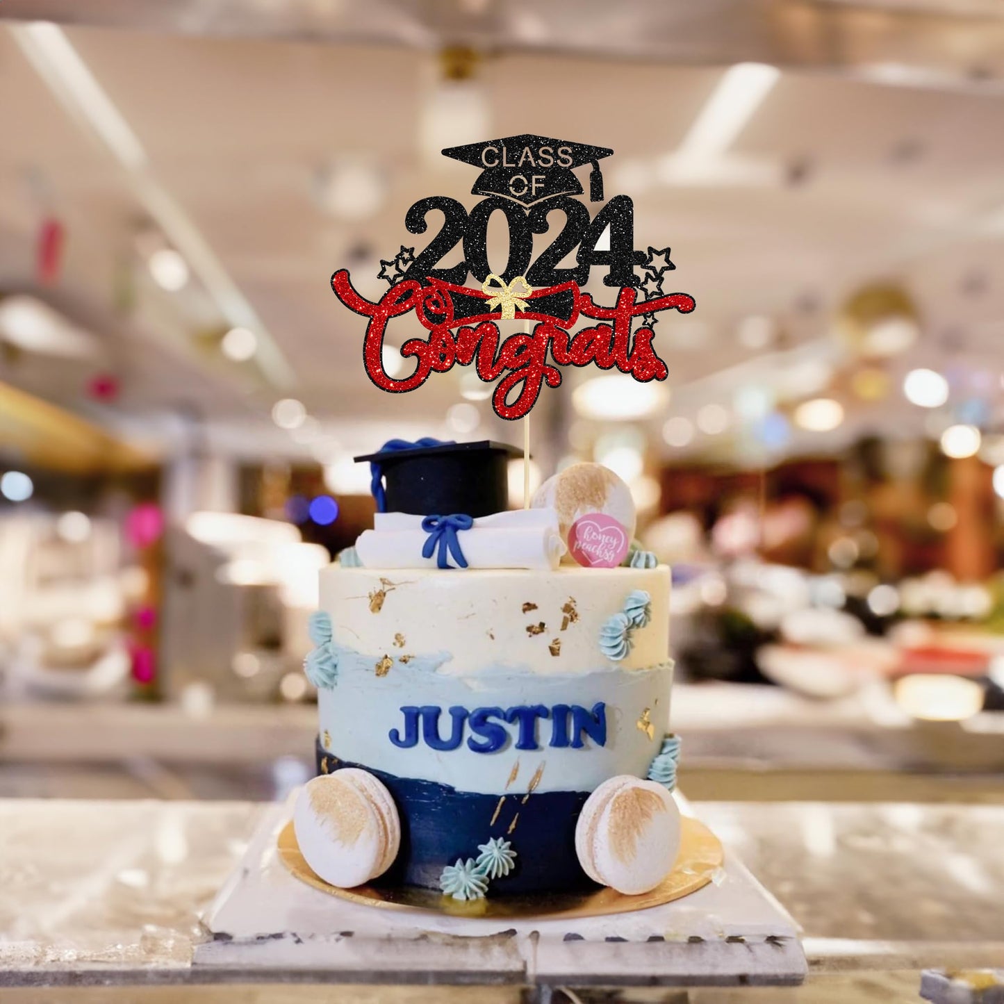 1Pc Congrats Grad 2024 Cake Topper Red Glitter Diploma Graduation Cap Cake Pick Congrats Class Of 2024 Cake Decorations For 2024