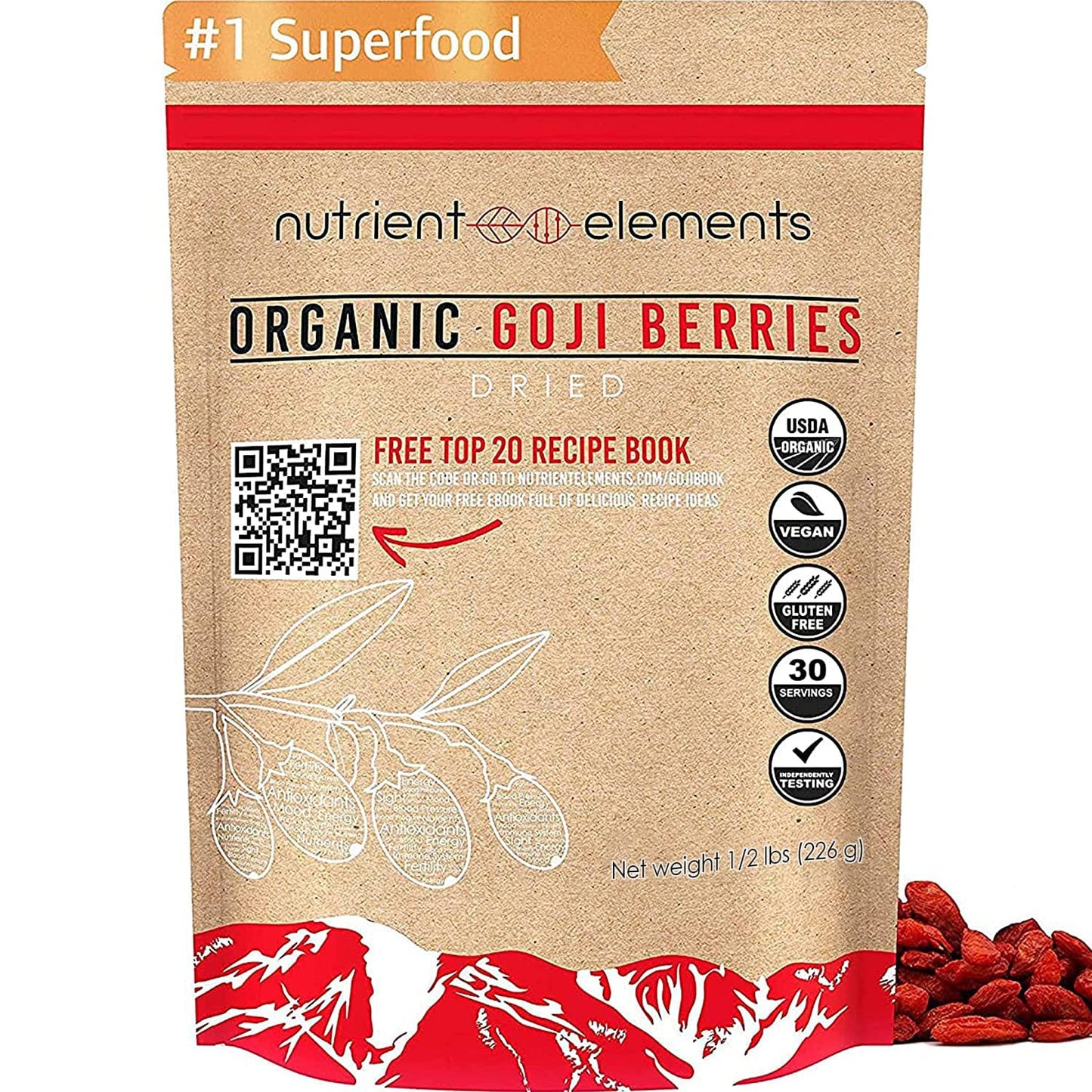 Nutrient Elements Goji Berries - 0.5 Lb/8 Oz. Certified Usda Organic, Raw, Sun-Dried, Hand-Picked, Usa Lab Tested - Resealable Bag - Extra Large Size Berries - No Additives - Free Recipe Book