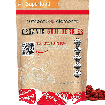 Nutrient Elements Goji Berries - 0.5 Lb/8 Oz. Certified Usda Organic, Raw, Sun-Dried, Hand-Picked, Usa Lab Tested - Resealable Bag - Extra Large Size Berries - No Additives - Free Recipe Book
