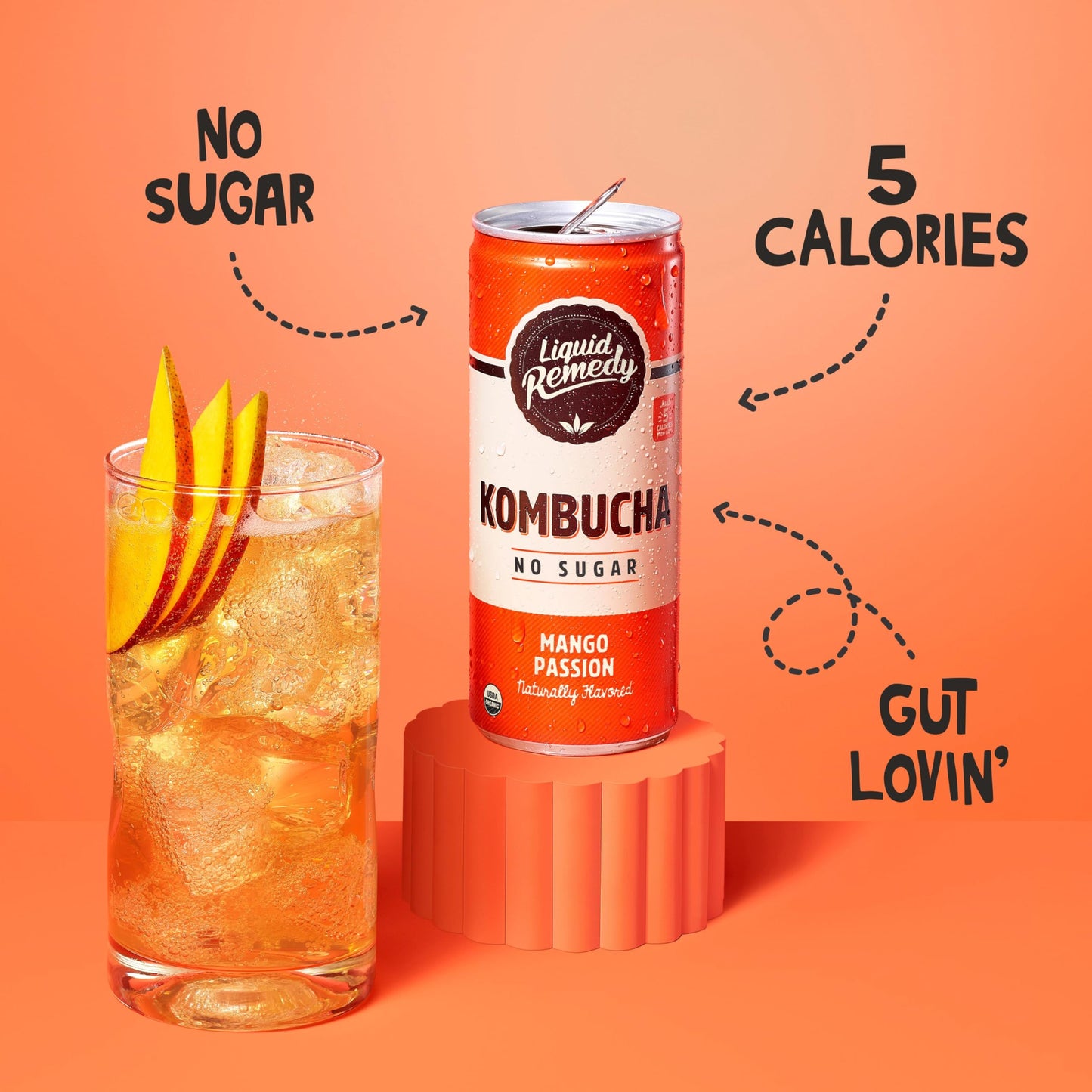 Liquid Remedy Kombucha Sugar Free Organic Drink, Low Calorie, Probiotic Like Tea For Gut Health - Mango Passion - 8.5 Fl Oz Can,