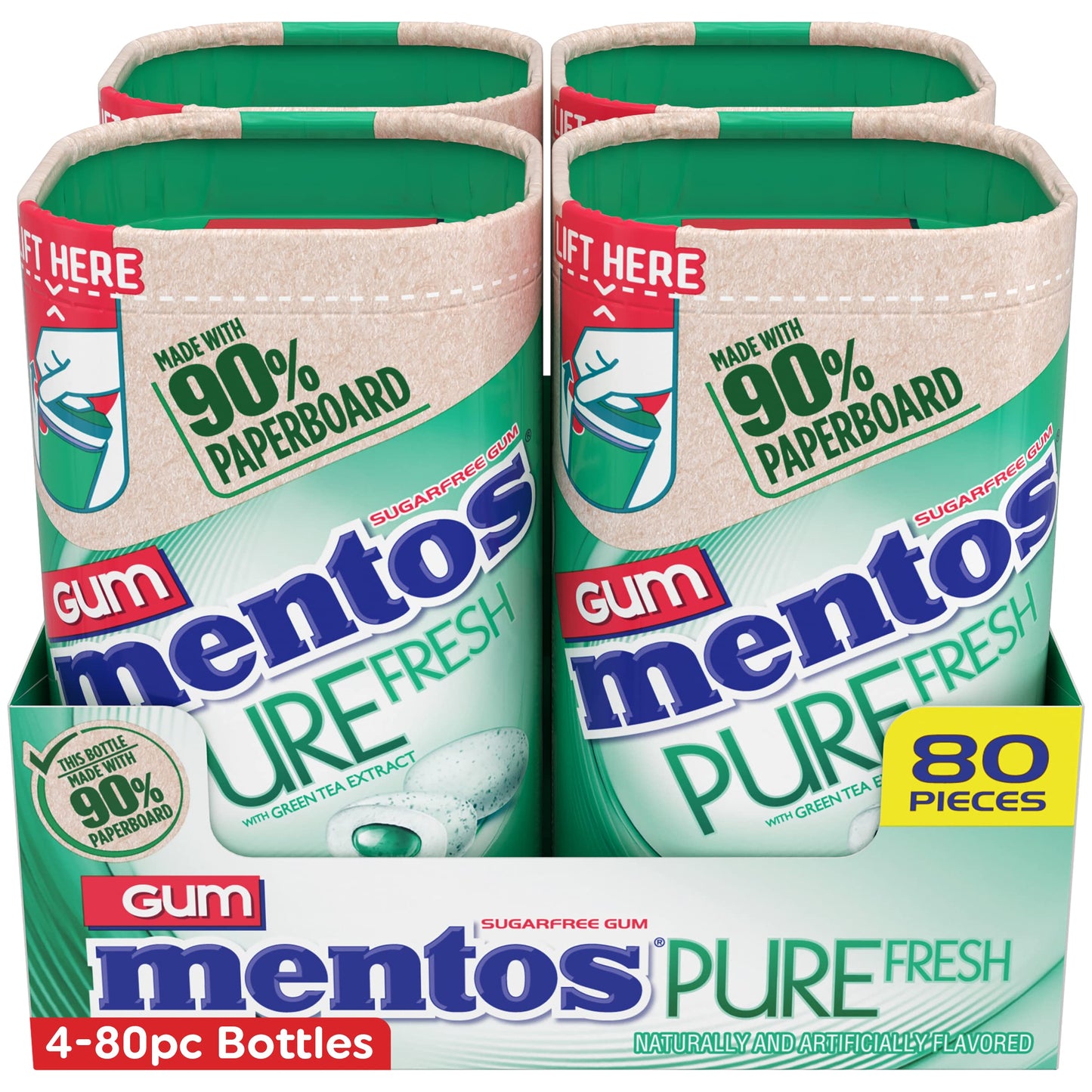 Mentos Pure Fresh Sugar-Free Chewing Gum With Xylitol, Spearmint, In A Recyclable 90% Paperboard Bottle, 80 Piece, Pack Of 4 Bottles