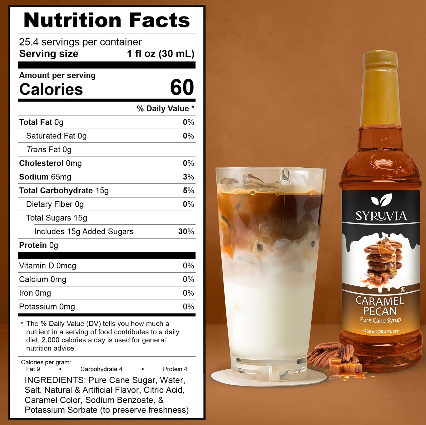 Syruvia Caramel Pecan Syrup - Caramel Pecan Coffee Syrup Flavor, 25.4 Fl Oz, Kosher, Gluten Free, Perfect For Coffee, Drinks, So