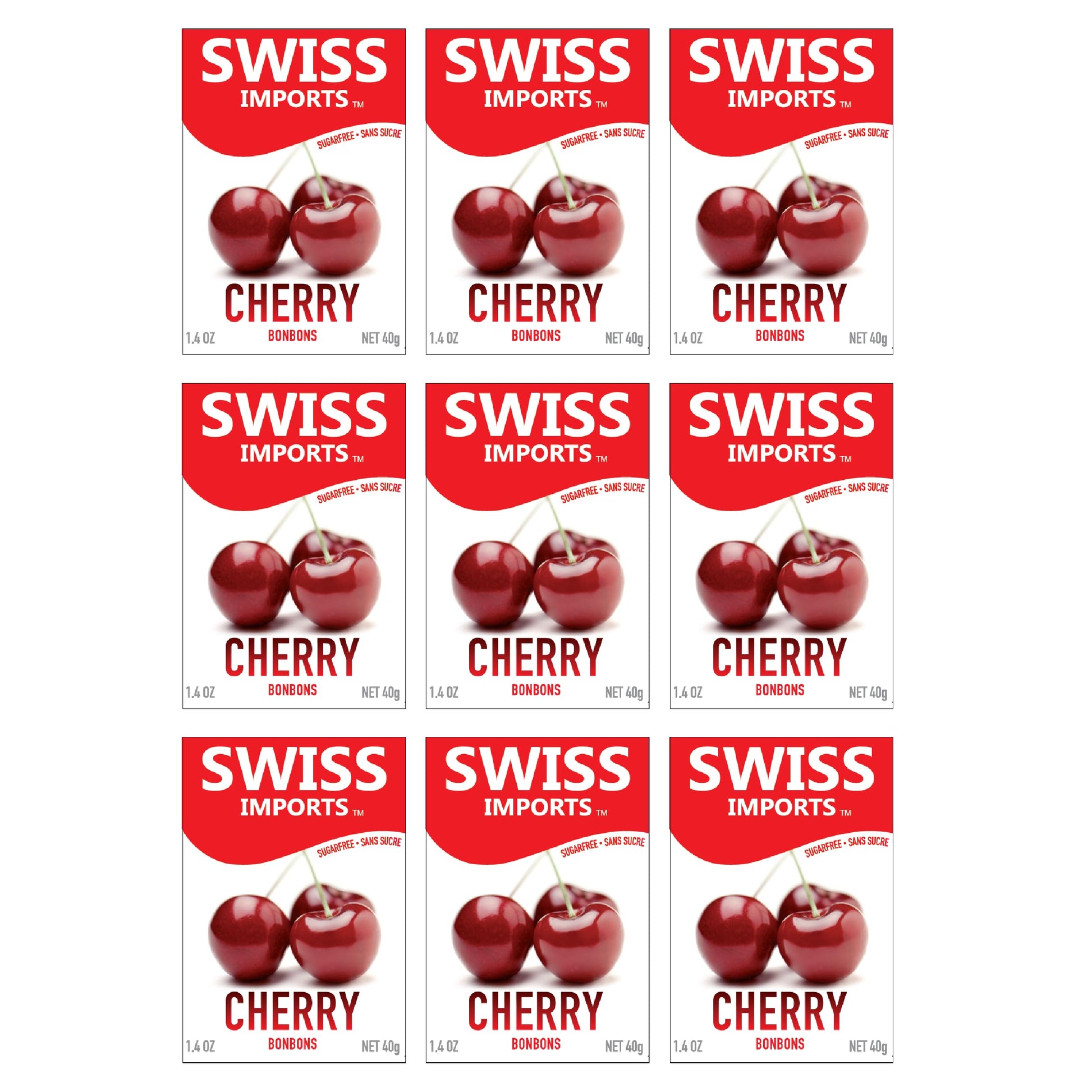 Swiss Imports Sugar Free Bonbons Hard Candy Drops, Cherry, 1.4 Oz/ 40G Box, 9 Pack