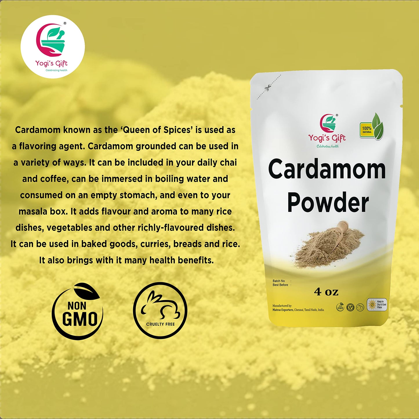 Cardamom Powder 4 Oz | Fresh, Aromatic And Flavourful Ground Cardamom | Cardamom Ground Spice | Aka Elaichi, Cardamon | By Yogi'