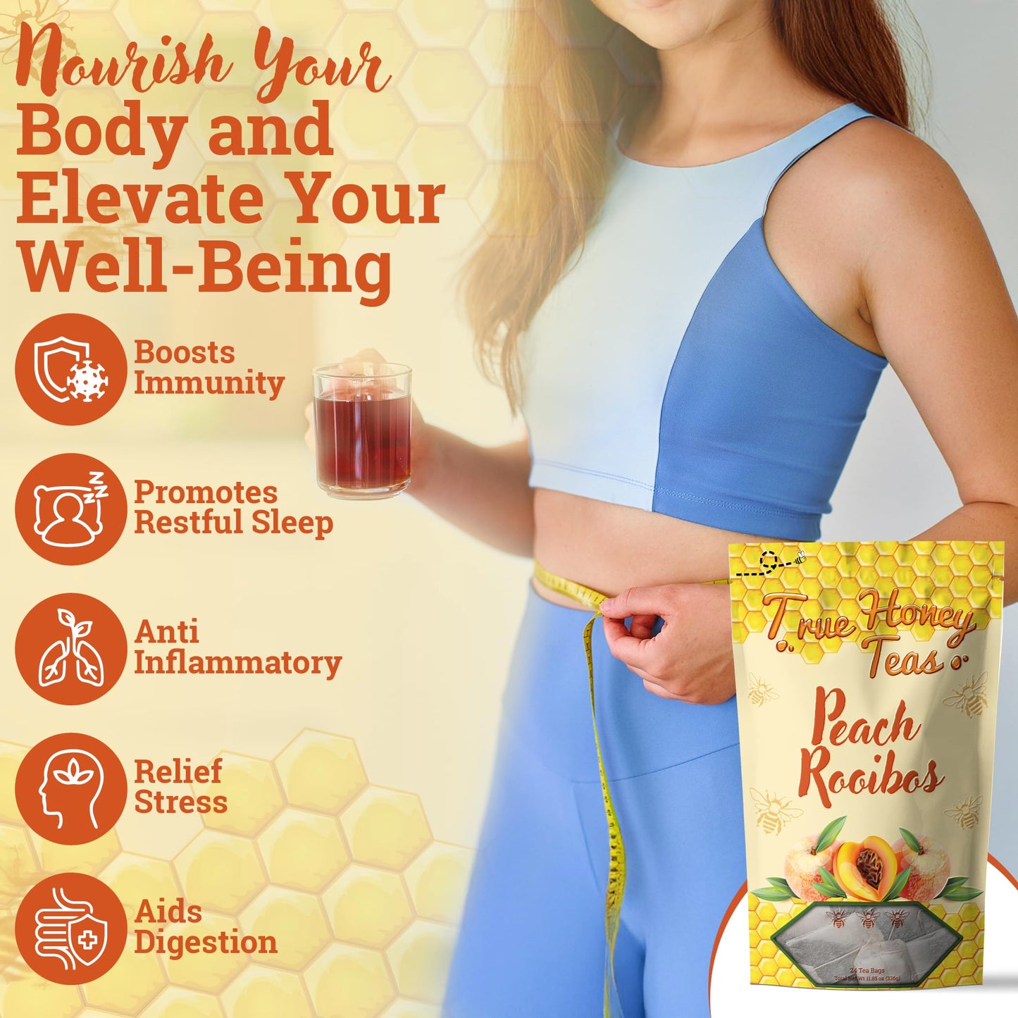 True Honey Teas Peach Rooibos Herbal Tea Bags - Organic, Caffeine-Free, Blended with Honey Crystals, 24 Count