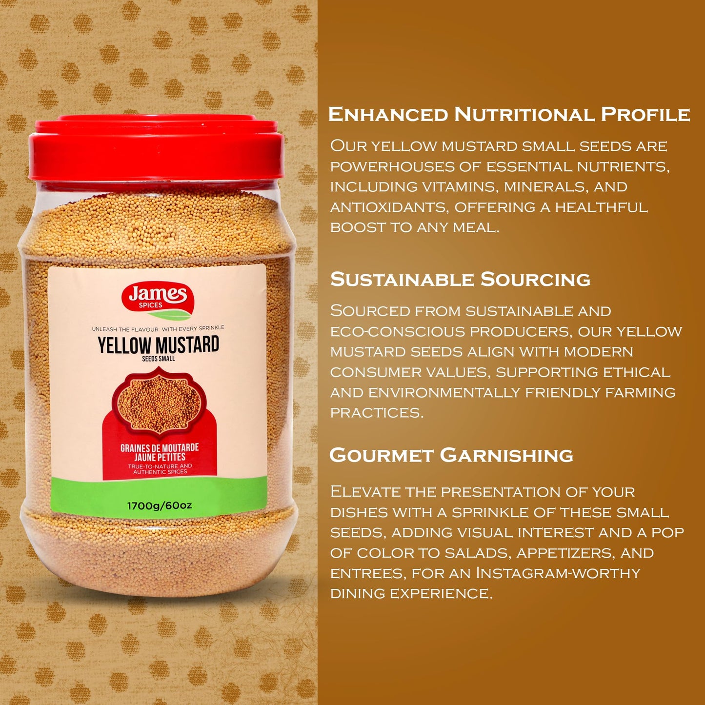 James Spices Inc. Yellow Small Mustard - 1.7Kg (60 Oz)