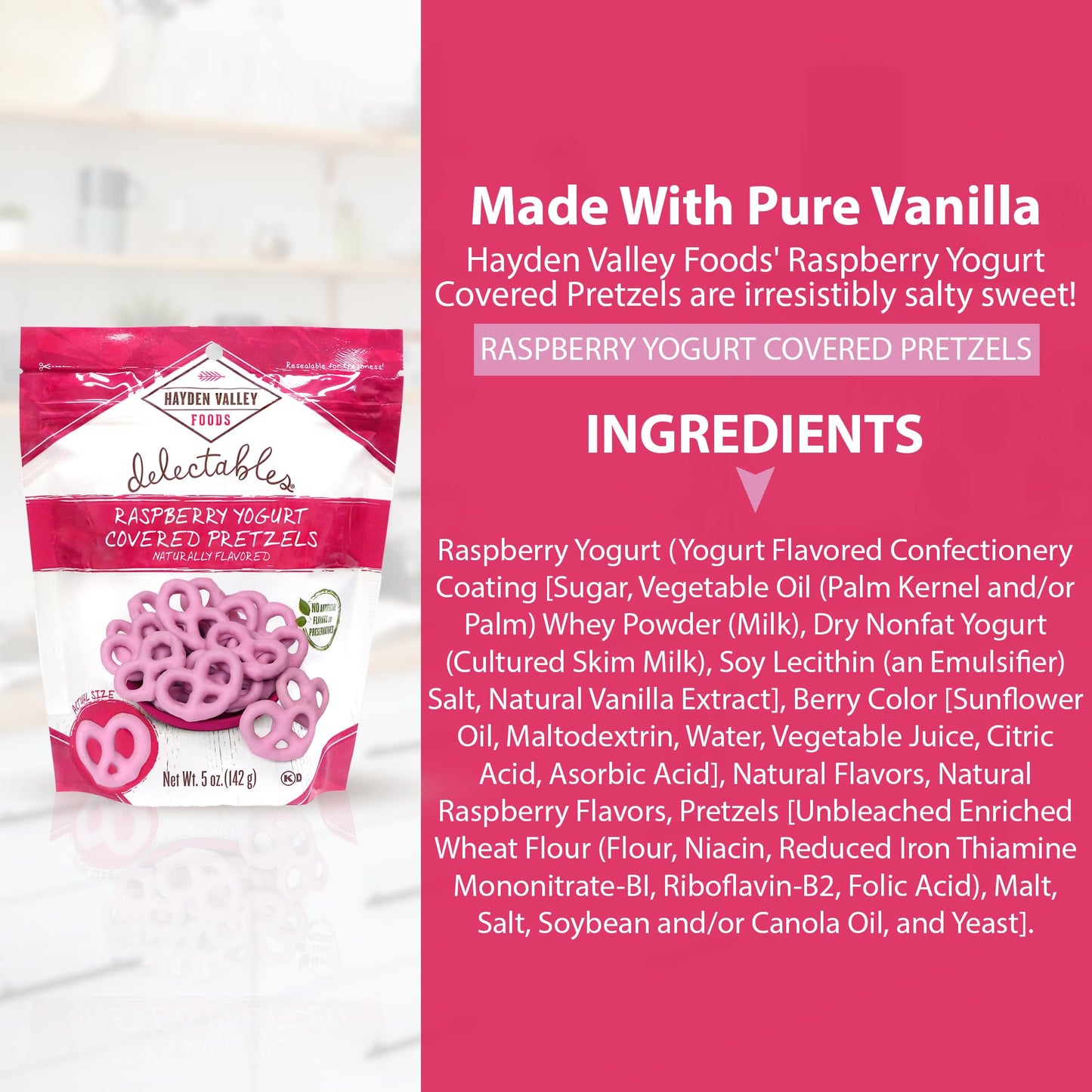 Hayden Valley Foods Raspberry Yogurt Covered Pretzels - 5 Oz Bags (Pack Of 6) - No Artificial Flavors, Preservatives Or Colors -