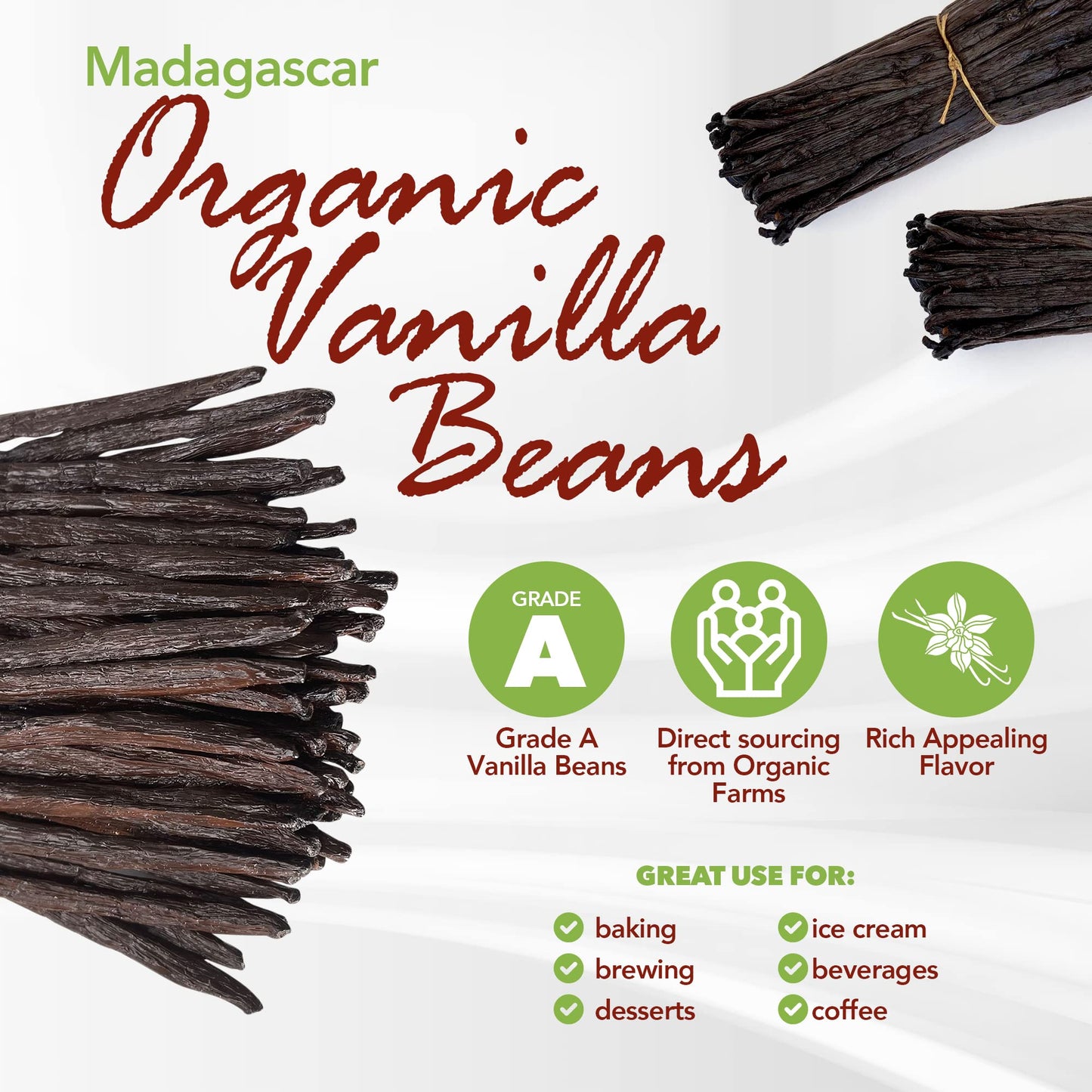 FITNCLEAN HERBS AND SPICES Organic Madagascar Vanilla Beans, 50 Count, Certified USDA Organic, Non-GMO, ~5 spirit-inspired flavor Pods