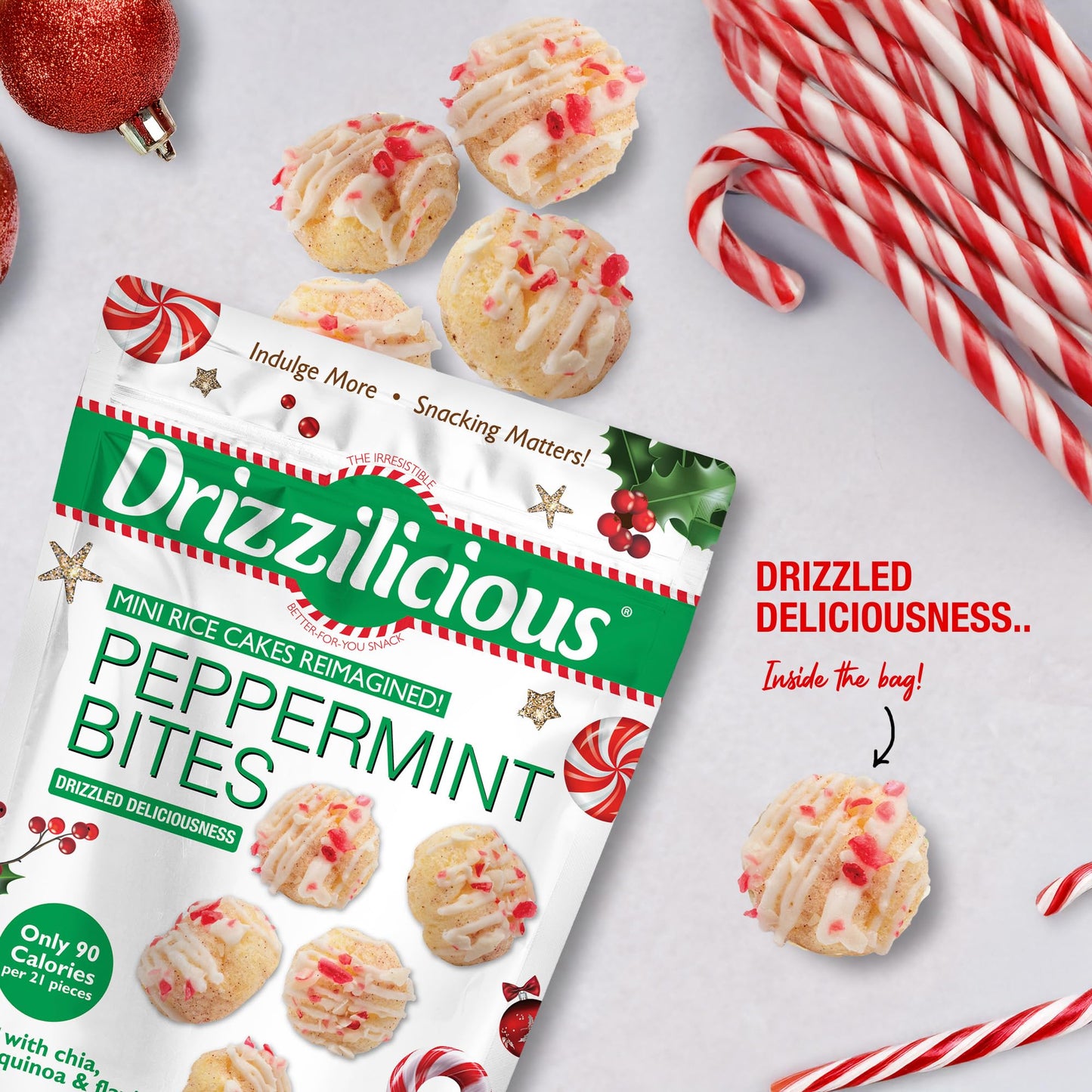 Drizzilicious Mini Rice Cakes - Rice Crisps, Healthy Snack For Mature-Themeds And Kids, Flavored Rice Cakes, Vegan, Gluten Free, Only 90 Calories Per Serving - Peppermint, 4 Oz (Pack Of 2)