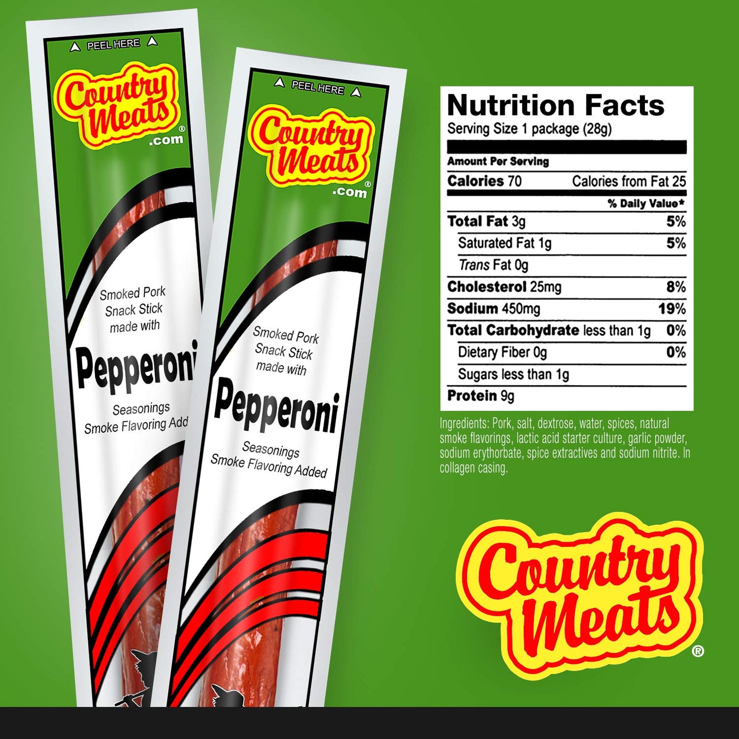 Country Meats, Meat Sticks, 0 Trans Fat, Usda Certified, Good Source Of Protein, Carb Conscious Snack (10 Meat Sticks, Pepperoni