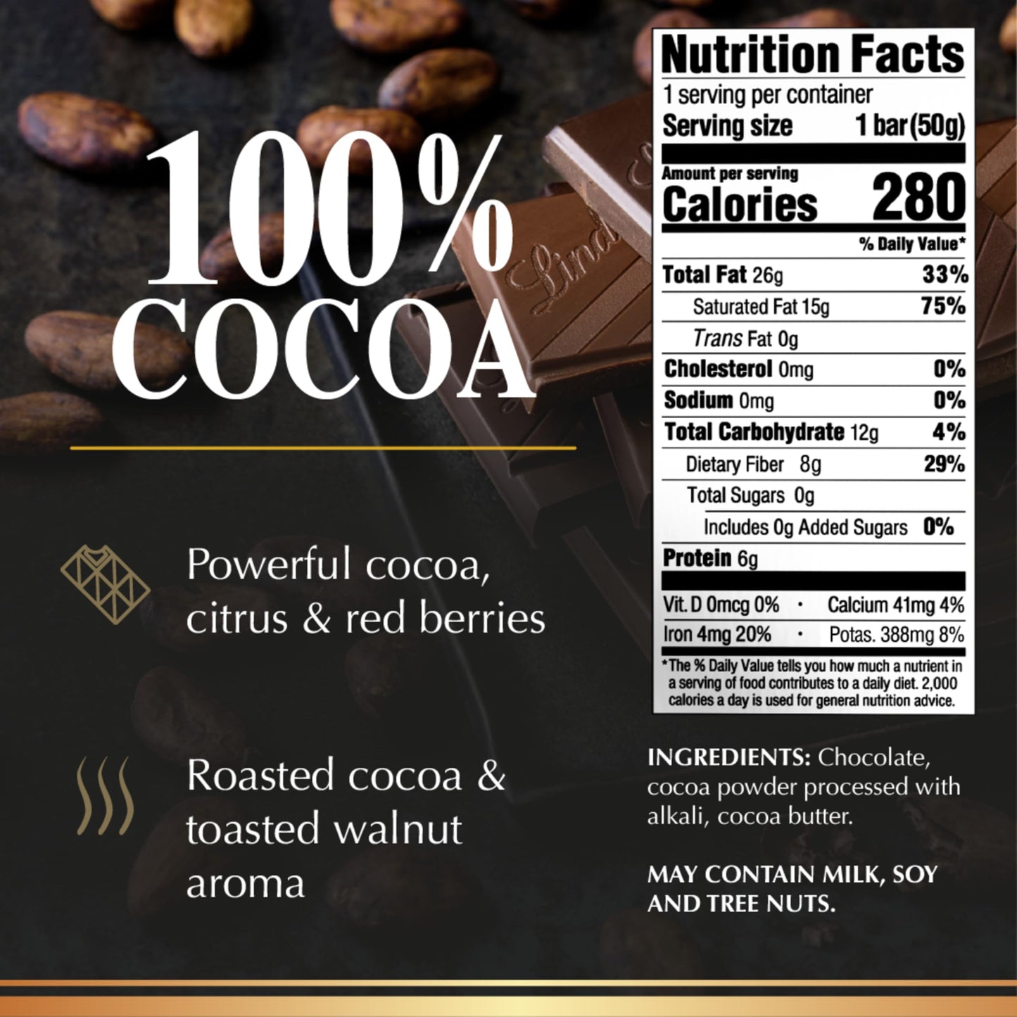 Lindt EXCELLENCE 100% Cocoa Dark Chocolate Bar, 1.7 oz, Pack of 18 - Ideal Mother’s Day Gift
