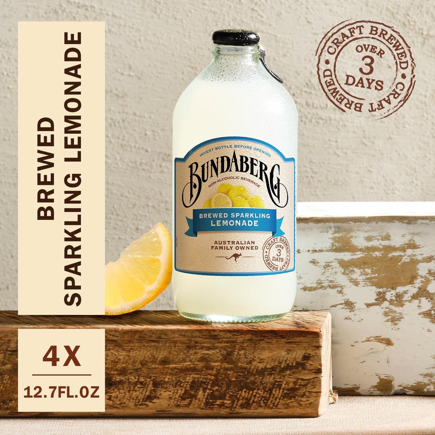 Bundaberg Sparkling Fruit Drink, Lemonade, 12.7 Fl Oz Bottles, Pack of 4