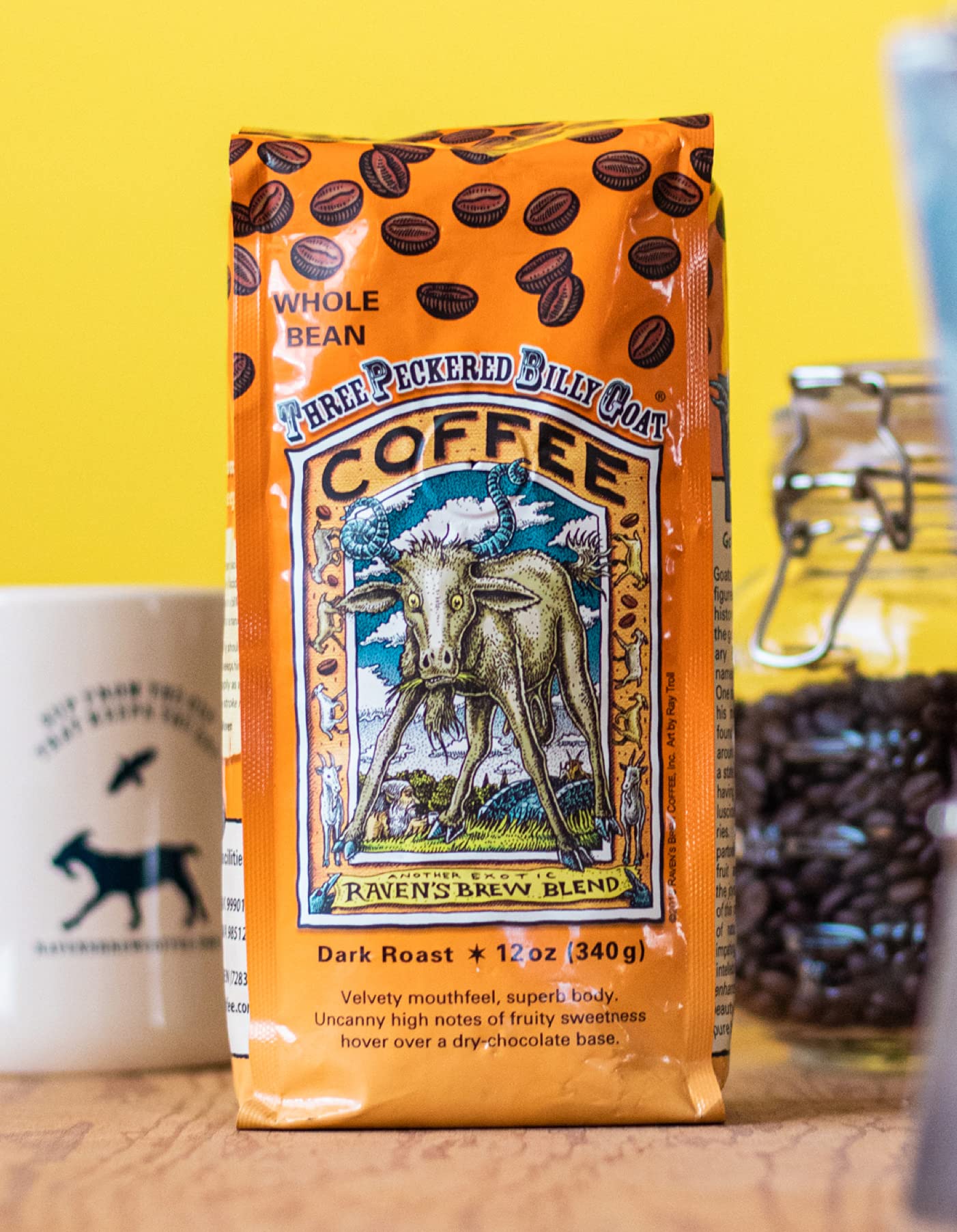 Ravens Brew Coffee Whole Bean Dark Roast 3 Peckered Billy Goat Blend 12 Ounce (Pack of 2)