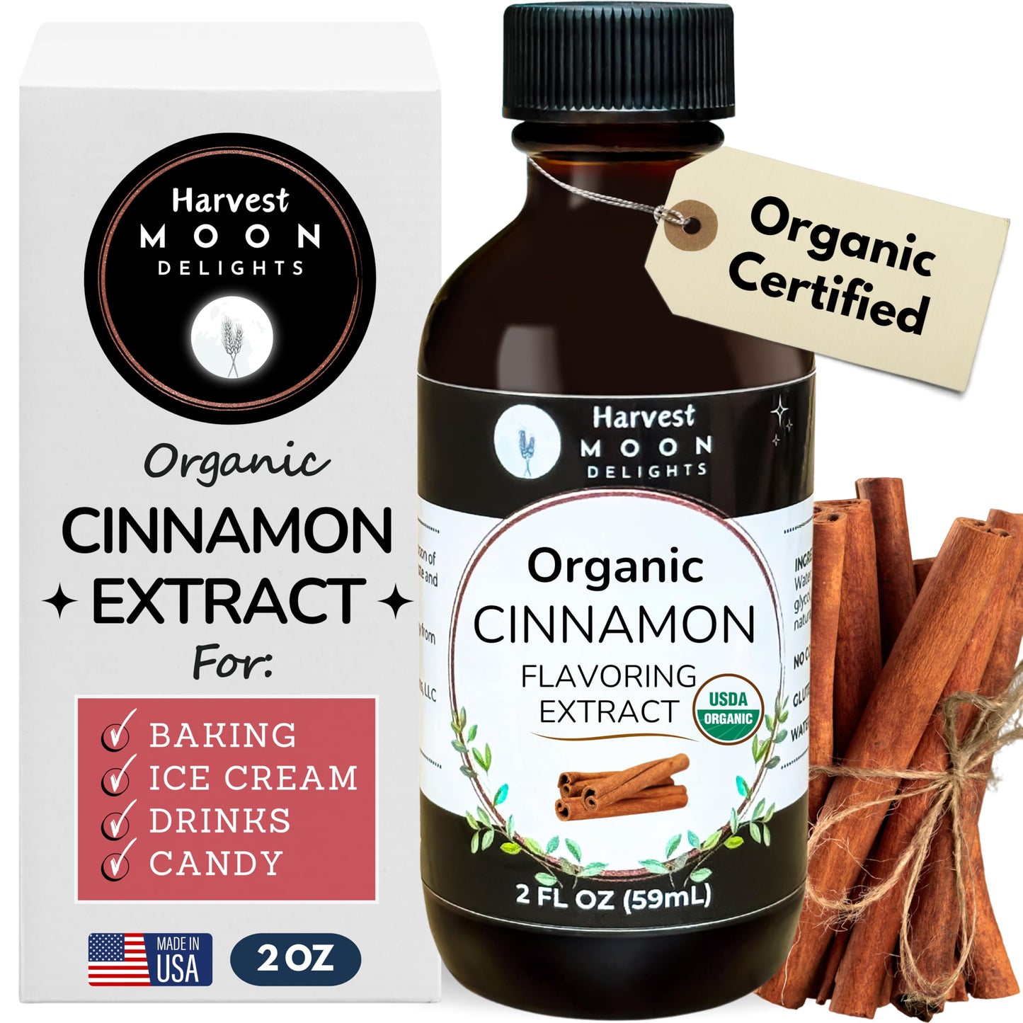 Organic Cinnamon Flavoring Extract For Baking, Ice Cream, Drinks, And Candy - 2 Oz - Water-Soluble - By Harvest Moon Delights - Pure Cinnamon Extract, Flavoring, Flavor