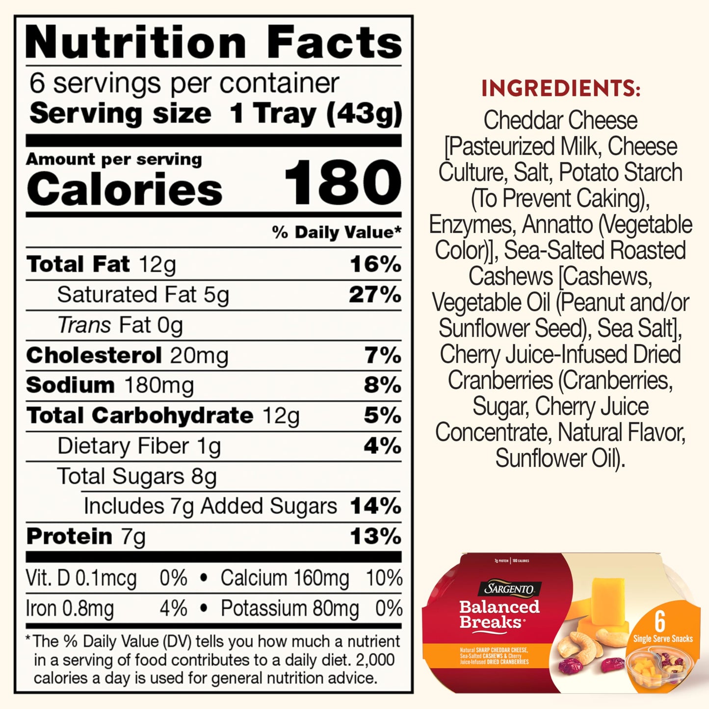 Sargento Balanced Breaks Natural Sharp Cheddar Cheese, Sea-Salted Cashews and Cherry Juice-Infused Dried Cranberries Snack Kit,
