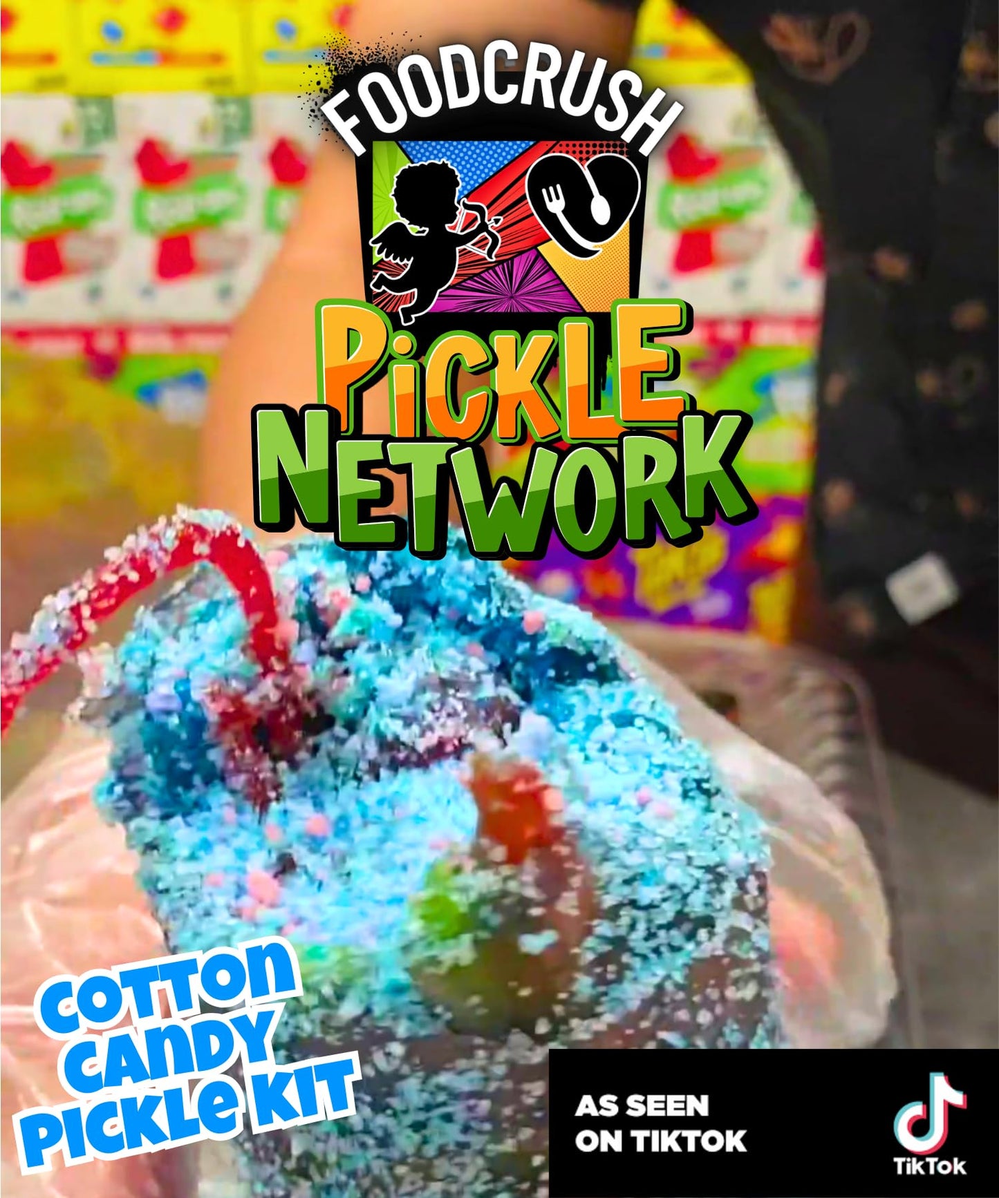Cotton Candy Pickle Kit by Food Crush - Valentines Day Gift Box with Blue Pickle, Takis, Cotton Candy Crunch & More for Kids & Teens