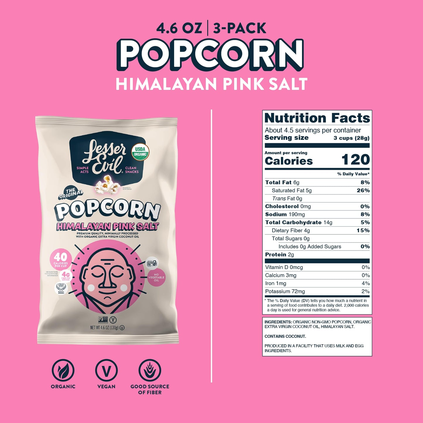 Lesserevil Himalayan Pink Salt & Gold Organic Popcorn, 4.6 oz (Pack of 3) + 0.46 oz Snack Bag, Variety