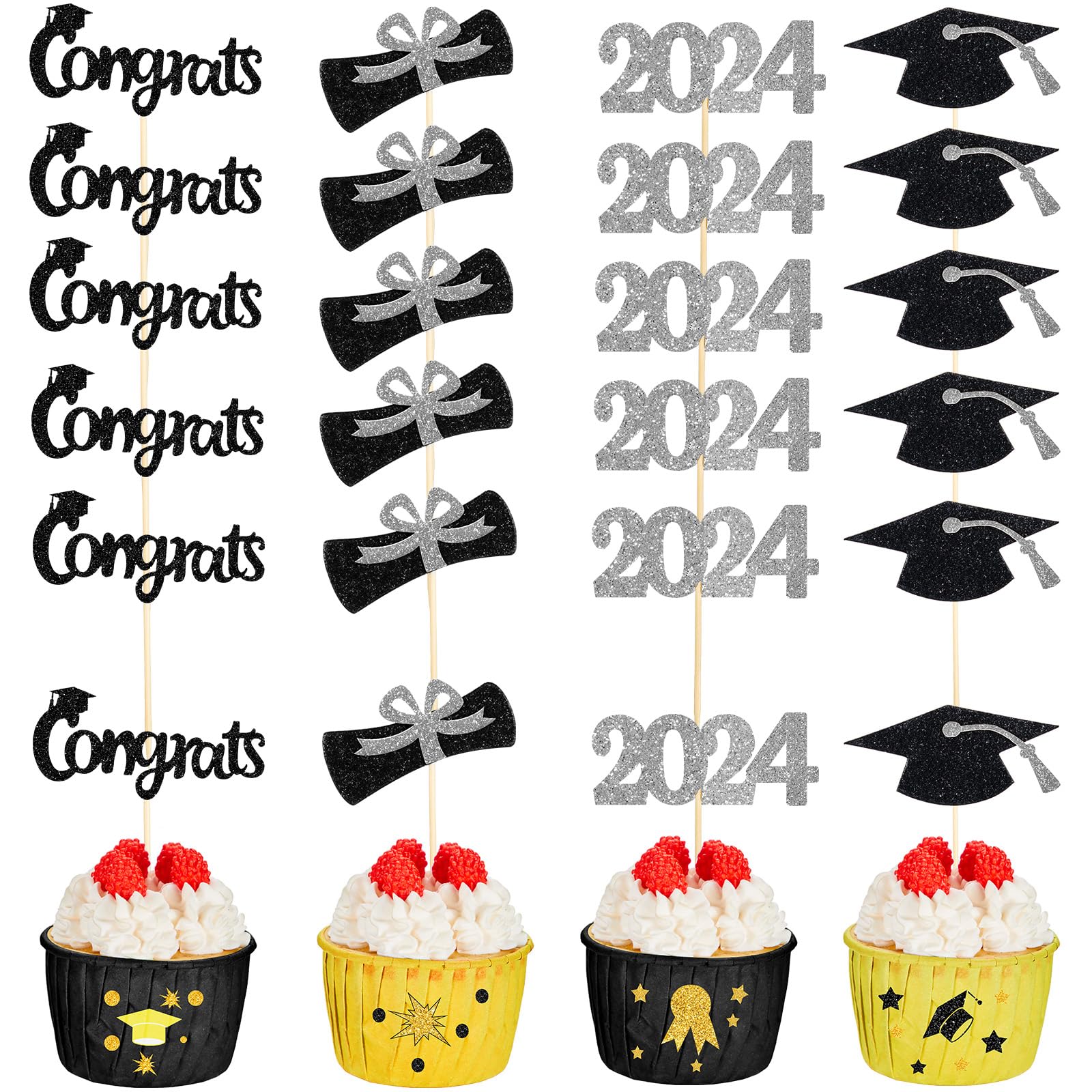 Chinco 100 Pack 2024 Graduation Cupcake Toppers Grad Cap Food Appetizer Picks Cake Graduation Party Decorations Diploma Cupcake
