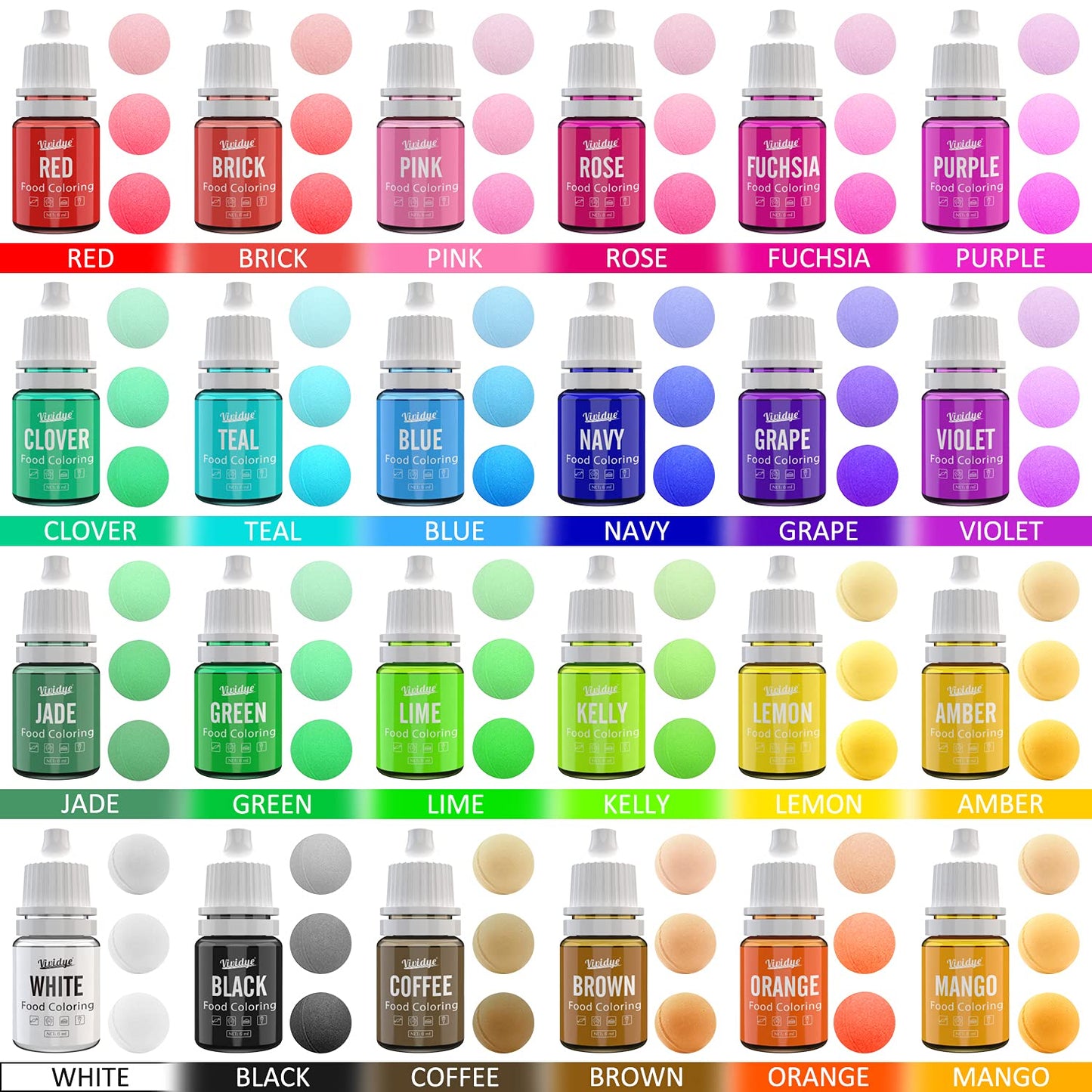Vividye Food Coloring Set - 24 Colors - 0.25 Fl Oz Bottles for Baking and Crafts