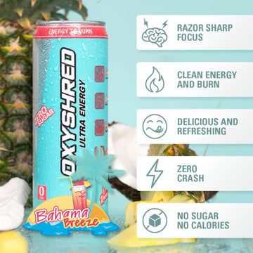 EHPlabs OxyShred Ultra Energy Drink - Carbonated, Zero Sugar, Natural Caffeine, Bahama Breeze, 12-Pack