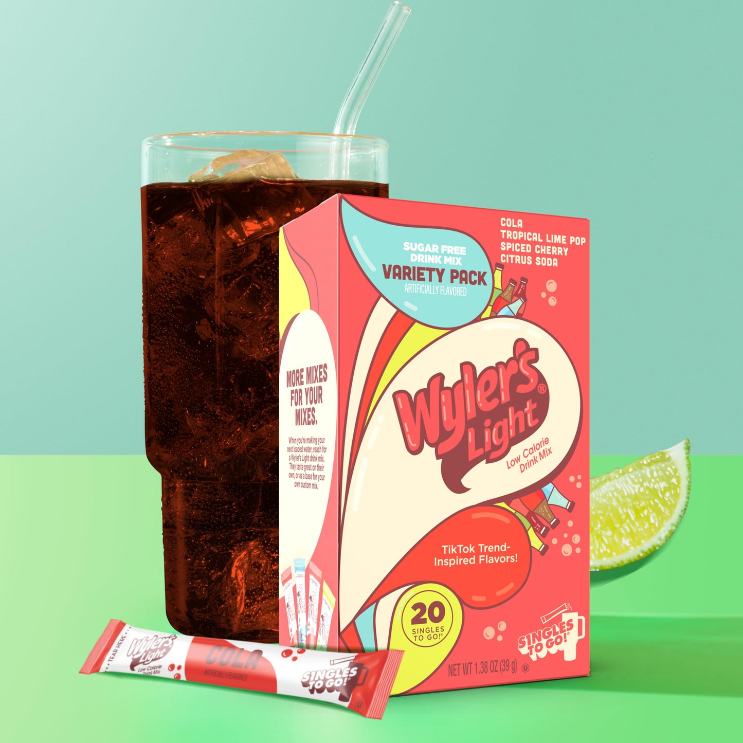 Wylers Light Singles To Go Water Drink Mix, Soda-Inspired Flavor Pack, 20 Sticks (Cola, Tropical Lime Pop, Spiced Cherry, Citrus