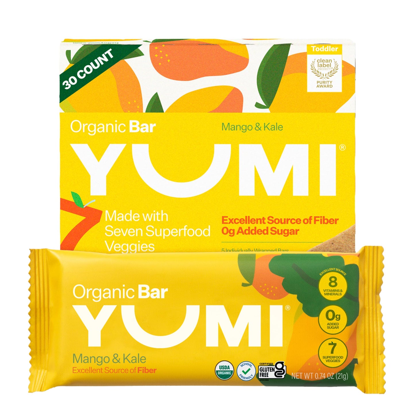 YUMI Organic Toddler Snack Bars - Gluten-Free, No Added Sugar, Soft-Baked, Mango & Kale, 30 Count, Green