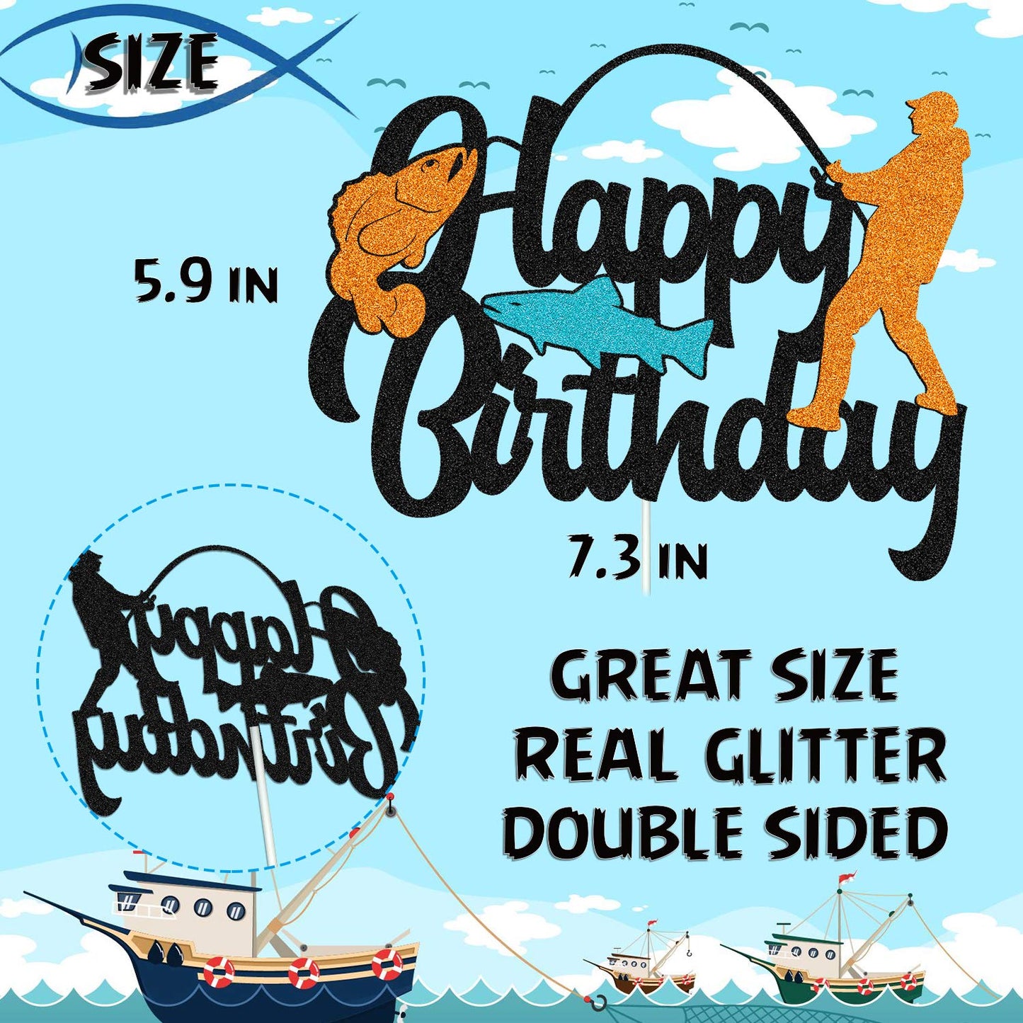 YOYMARR Fish Cake Topper Happy Birthday Sign, Black Glitter Decor, 7.3 x 5.9 for Fisherman Themed Party
