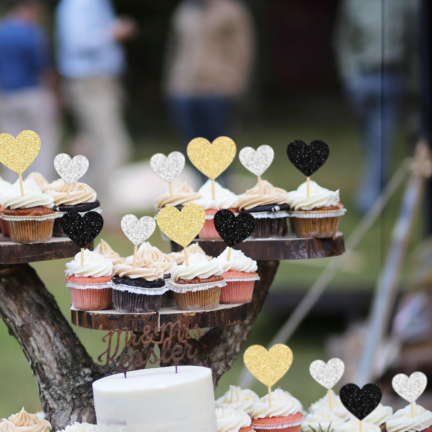 Gyufise 30Pcs Heart Cupcake Toppers, Glitter Paper Picks for Valentines Day, Wedding, Birthday Party, Gold Black Silver
