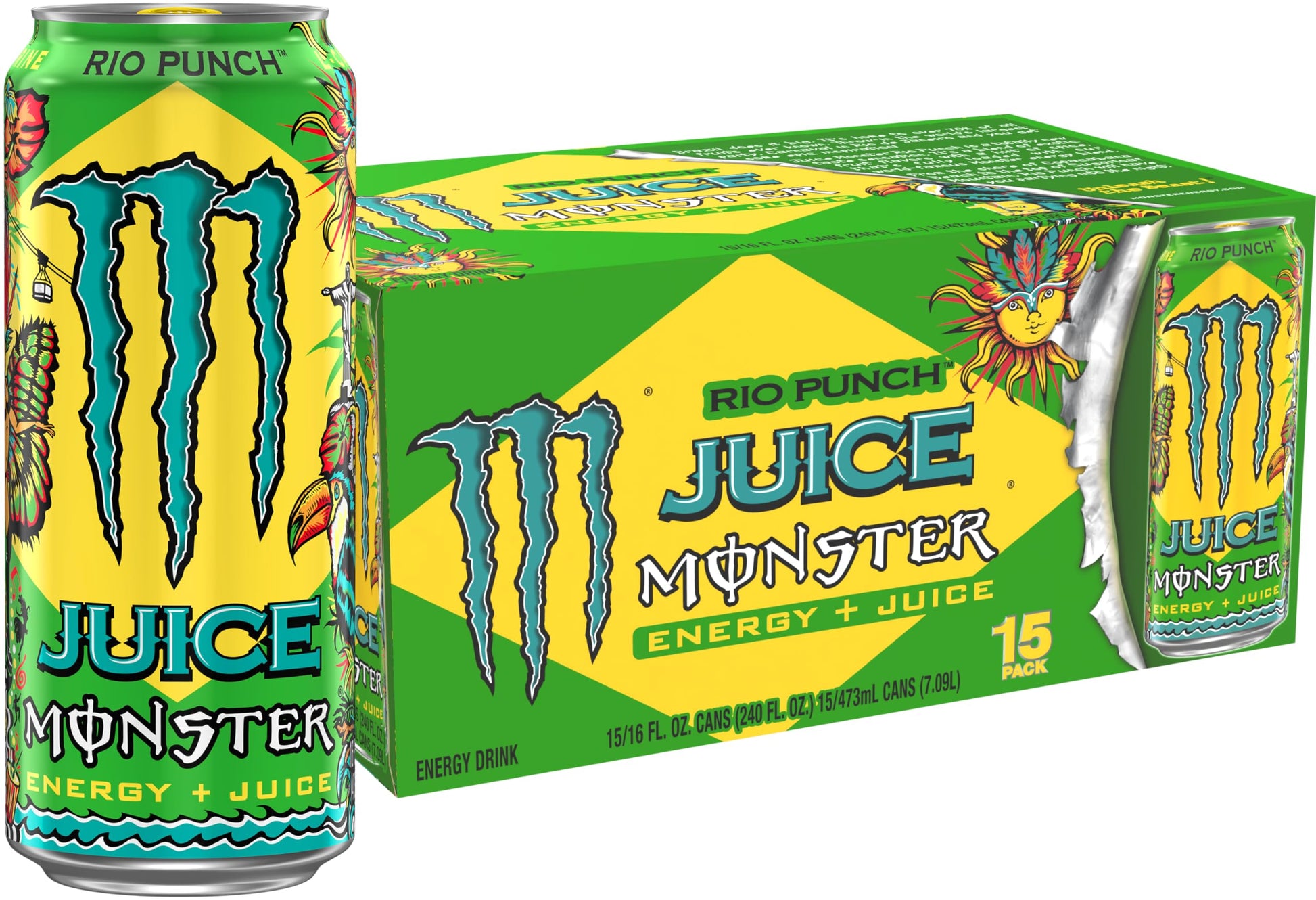 Monster Energy Juice Rio Punch, Energy + Juice, Energy Drink, 16 Ounce (Pack Of 15)