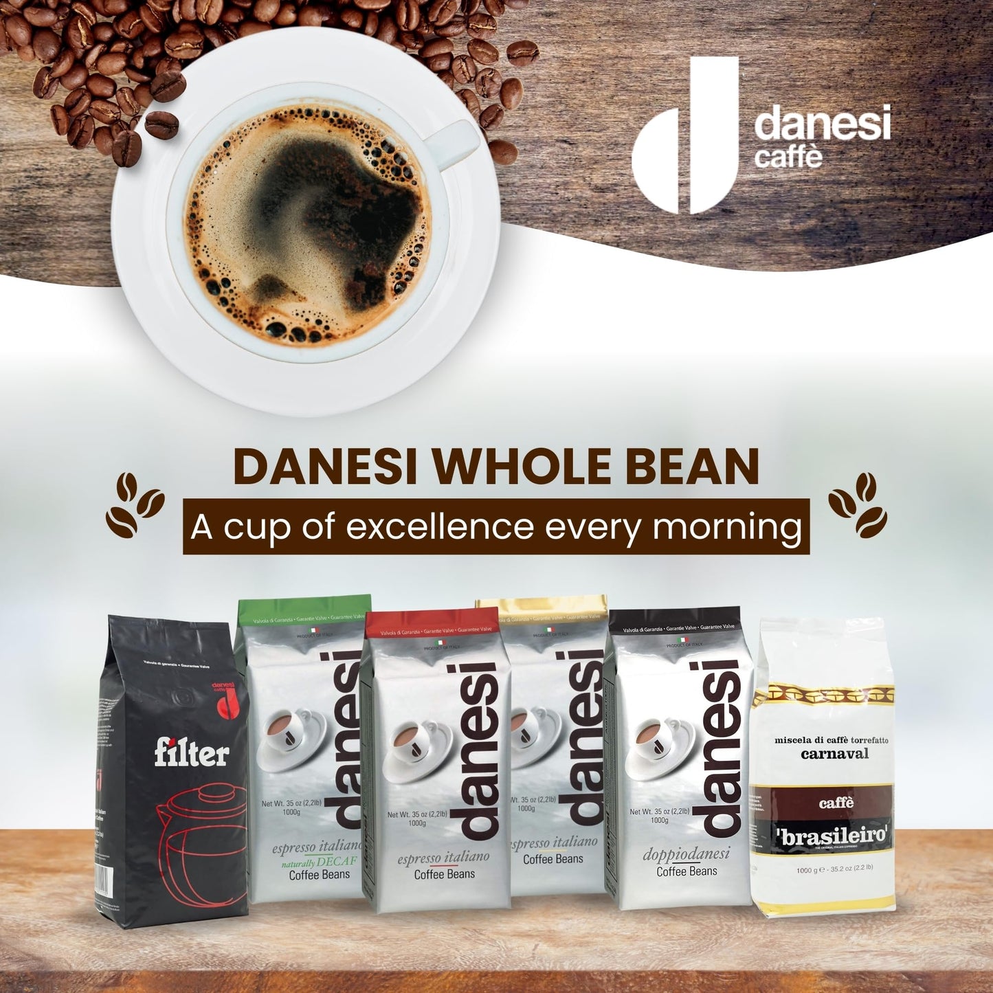 Danesi Caffe Italian Whole Coffee Beans - Espresso Coffee Beans and Medium Roast Whole Bean - Perfect for Espresso Machines  French Press  and Home Brewing - Gold (2.2 lb)
